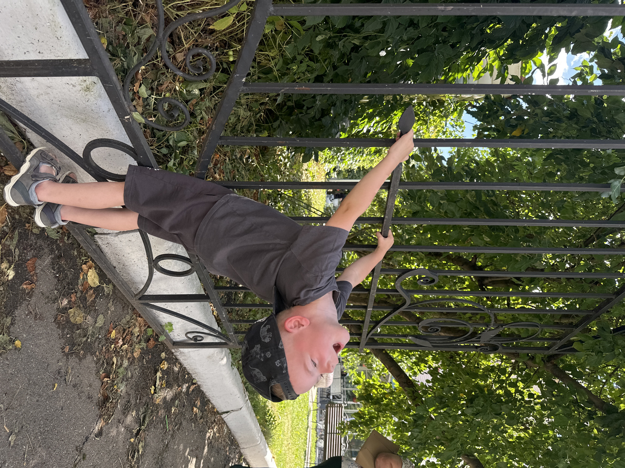 A young boy with light skin and short brown hair is contorted in an arching pose, holding onto a black metal fence with his hands. He is wearing a dark grey t-shirt, dark grey shorts, a black baseball cap with a tiger pattern, and grey velcro sandals. His mouth is wide open, and his head is tilted back, suggesting he is shouting or laughing. The fence appears to be part of a park or public area, with green trees and foliage visible behind it. The ground is paved with asphalt and scattered with fallen leaves. In the background, other people and park benches are faintly visible. The scene takes place in the city of Danilovka (Altai Krai), Russia, on a bright, sunny day.