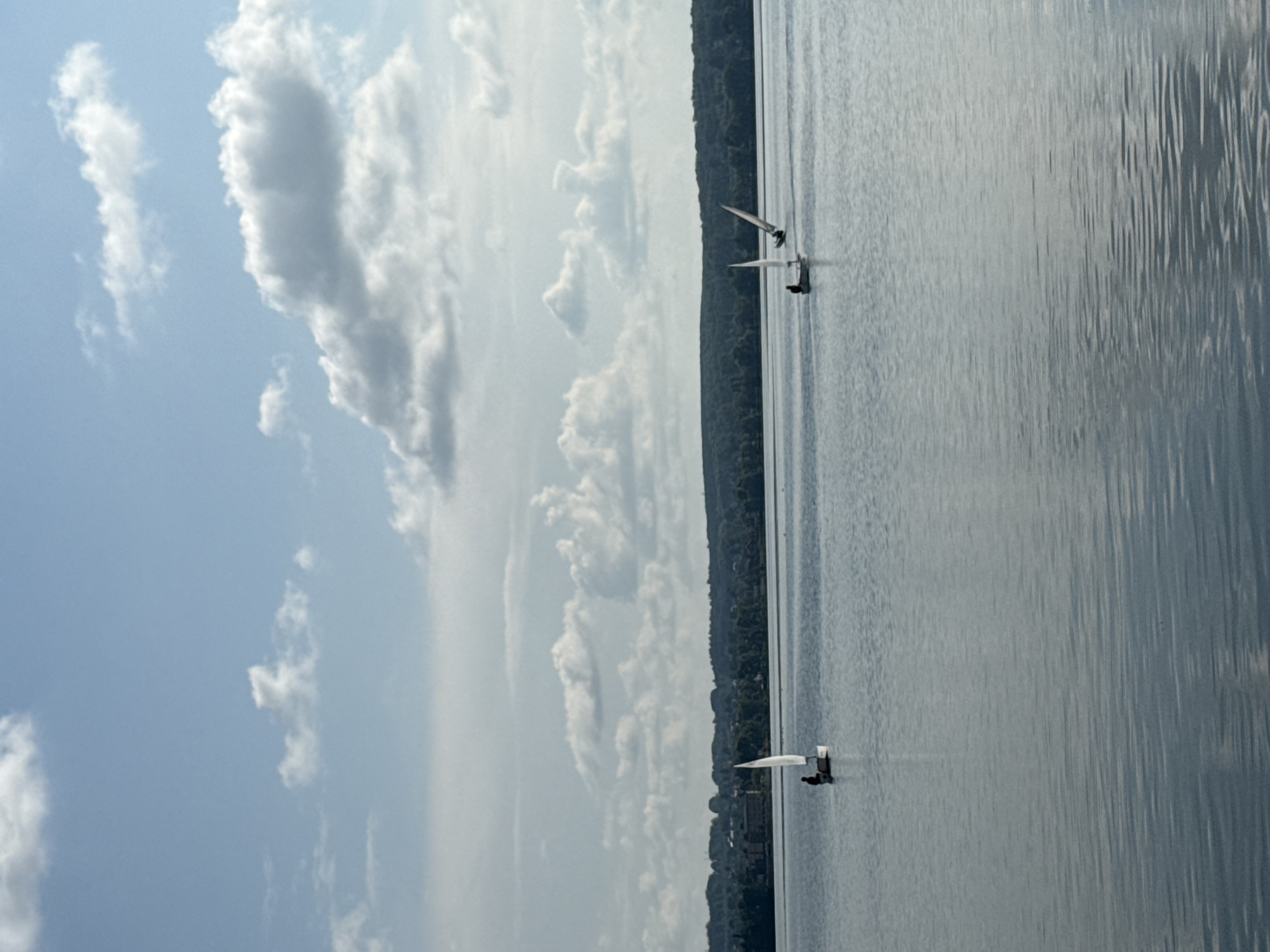 The image captures a serene scene on a large body of water, likely a lake, with a wooded shoreline in the distance. The sky is partly cloudy, with fluffy white clouds scattered across a pale blue expanse. On the water, three small sailboats are visible. In the foreground, a single sailboat with a white sail is navigating the calm water. Further out, two other sailboats are also present. The shoreline is lined with a dense forest, and beyond that, the faint outlines of buildings suggest a settlement. The overall impression is one of tranquility and outdoor recreation. The specific location in Votkinsk, Russia, is implied by the prompt but not visually discernible from the image itself.