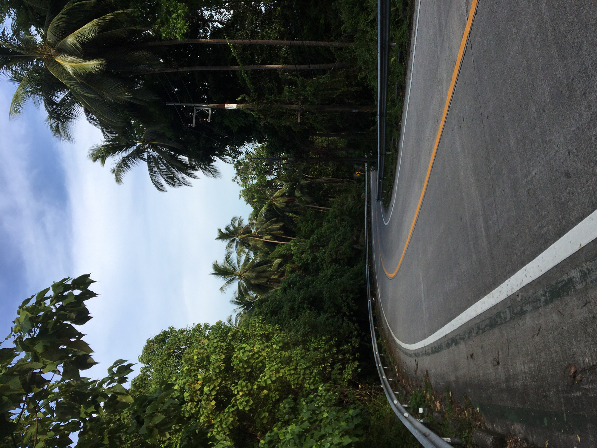A curving road in Baan Kai, Thailand is visible. The road has a yellow line down the center and a white line on the right edge, with a metal guardrail. Lush, green vegetation, including palm trees, lines the road. A blue sky with scattered clouds is above. An utility pole appears amidst the tall trees and vegetation. The image has been rotated.