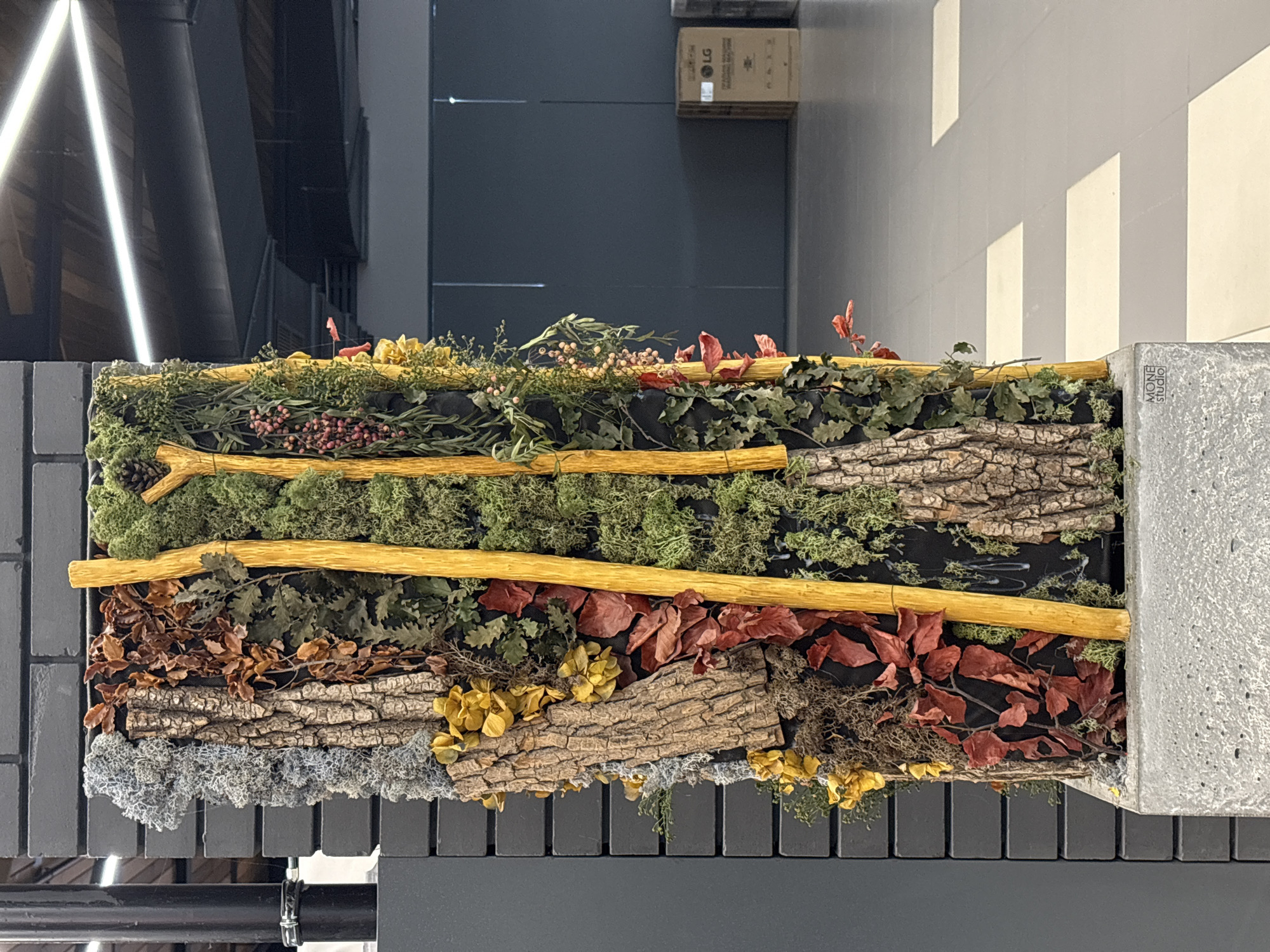 This image, likely taken in Hatne, Ukraine, showcases a layered, textured art installation. The artwork is mounted on a gray, possibly brick or tile-like, structure and is bordered on one side by a gray concrete panel with "MONF STUDIO" imprinted on it. The installation is comprised of natural elements. The top layer includes assorted greenery and small red berries. The next layer includes bark-like material. There are two horizontal, parallel yellow rods that bisect the green layer and a lower layer. The layer below that features brown leaves and additional bark. The bottom layer consists of gray, moss-like material.
The background includes a dark gray interior with linear, illuminated elements, possibly architectural lighting. In the upper central background, there is an LG-branded cardboard box. To the right, the background is a light gray surface. The artwork itself appears to be set up in a vertical orientation within the interior space, with the camera perspective being from a high angle looking downward. A black metal pole/bar is also visible.