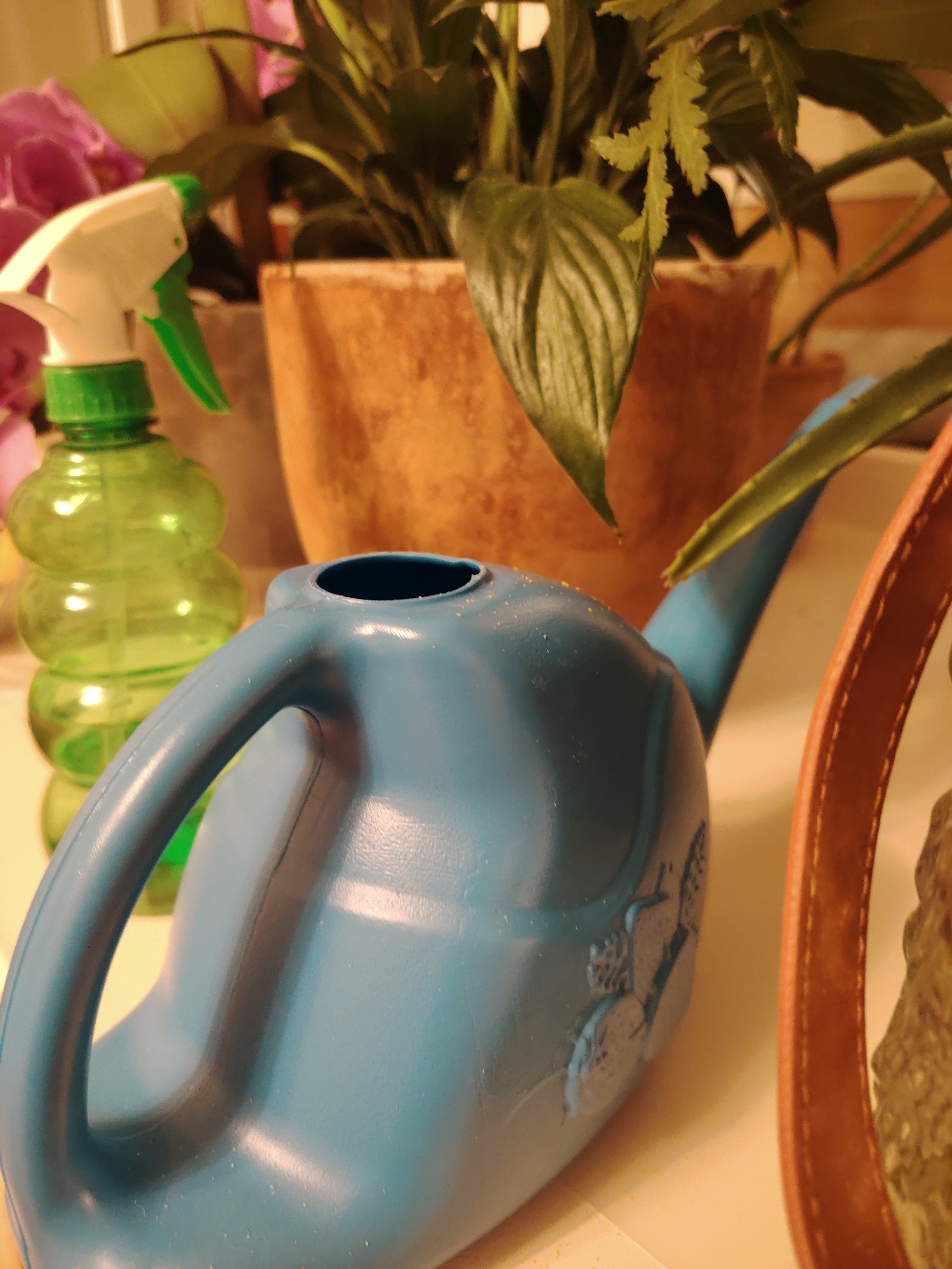 The image shows a close-up of gardening tools and plants on a white surface. A blue watering can with a handle and spout is in the foreground, and a green spray bottle is positioned behind it to the left. Various green leaves and pink orchid flowers are visible in the background, along with a terracotta pot. The scene is lit with warm, artificial light. The specific location in Konakovo, Russia cannot be determined from the image alone.