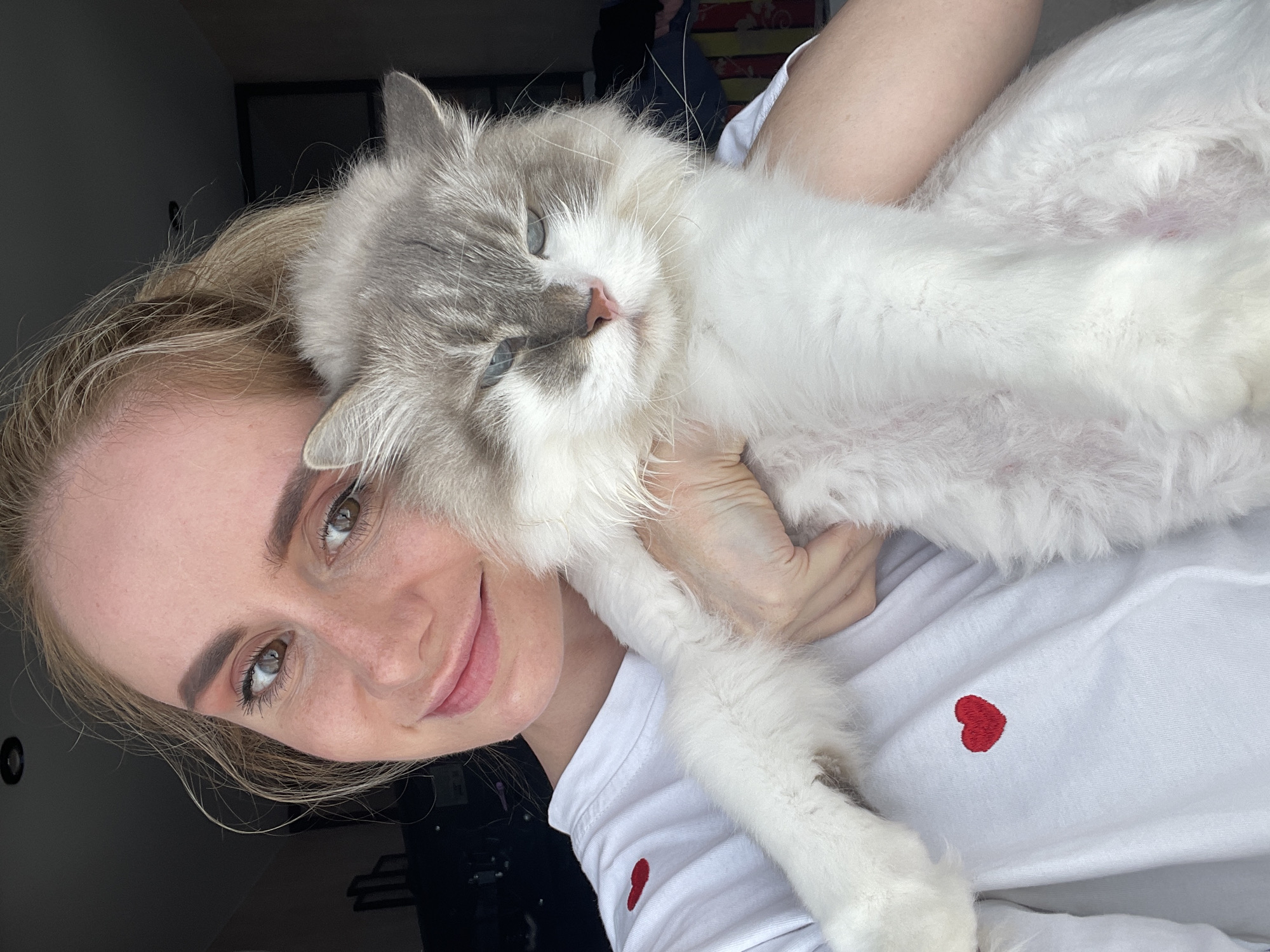 A young woman is holding a fluffy, grey and white cat close to her face. The woman is smiling and looking at the camera. She is wearing a white t-shirt with a small red heart embroidered on it. The background is out of focus, but appears to be a room with a window. The location of this image is not evident based on the visual information provided.