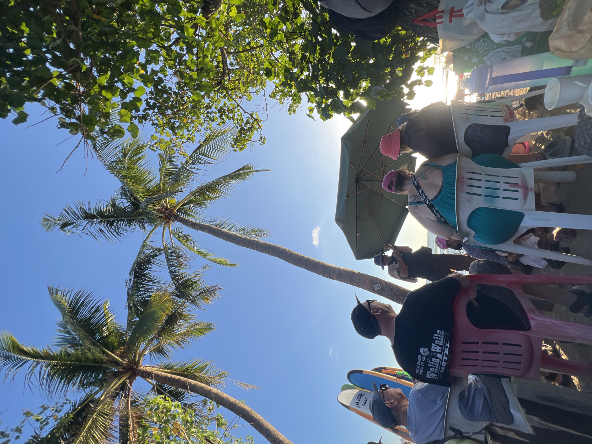 The image depicts a beach scene in Kuta, Indonesia, likely during the late afternoon given the warm, golden light and the low angle of the sun. Two prominent palm trees frame the scene, their fronds casting shadows. The foreground shows a group of people seated on chairs on the sand, facing away from the camera and towards the ocean.
The individuals are dressed casually. One person in the center is wearing a black t-shirt with "YOU'RE EITHER COMIN' TO THE WALLA WALLA HOTEL" printed on the back. Another person to their right is wearing a teal tank top and a pink hat. To the left, two men are seated, one wearing a black cap and sunglasses, the other wearing a blue t-shirt and sunglasses. A man standing behind them appears to be holding a camera.
Several surfboards are propped up against a railing or fence to the left of the frame, indicating the presence of surf culture. A large, dark green umbrella provides shade for some of the seated individuals. The background shows a sandy beach leading to the ocean, with the sun creating a bright glare on the water's surface. The overall atmosphere is relaxed and communal, suggesting a gathering or observation of activities on the beach.