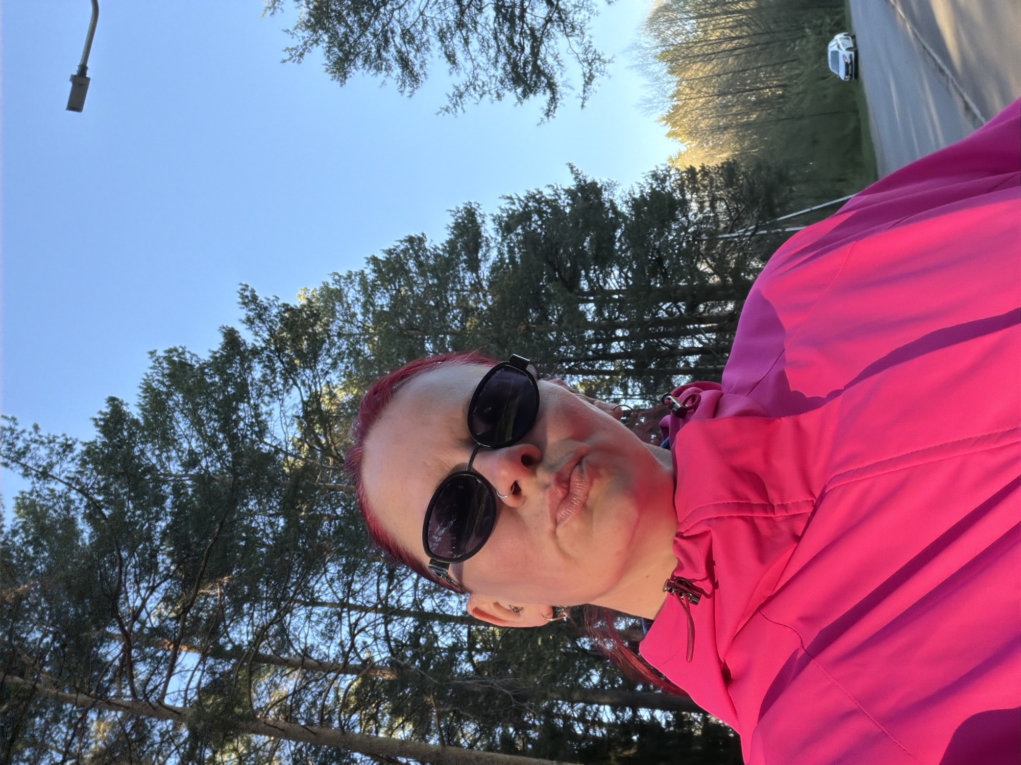 A woman with red hair, wearing sunglasses and a pink jacket, is taking a selfie outdoors. She is puckering her lips. Behind her are trees and a clear blue sky. In the background, a road and a car can be seen. The location appears to be a park or green area near a road, based on the trees and car. It is not possible to determine the exact location in Chaikovsky, Russia, from the visual information provided.
