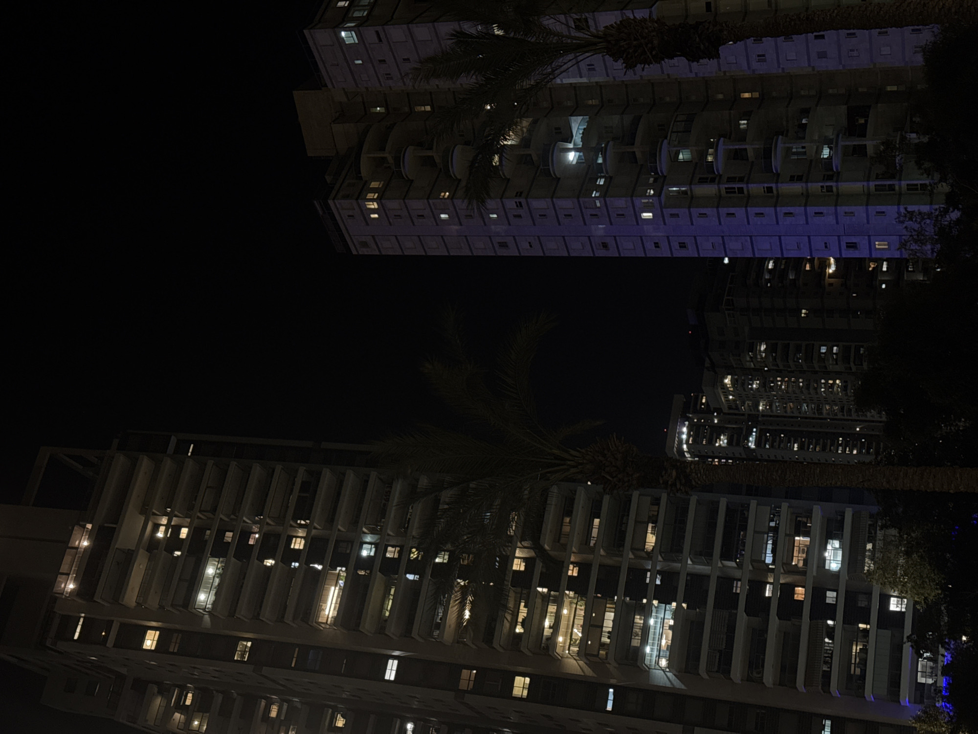 The image shows two tall buildings at night in Bat Yam, Israel. One building features rows of balconies with rounded projections. The other building has vertical, repeating architectural elements along its facade. Palm trees are present in the foreground, partially obscuring the view of the buildings. Lights are visible in numerous windows of both buildings. The sky is dark and there is limited ambient light.