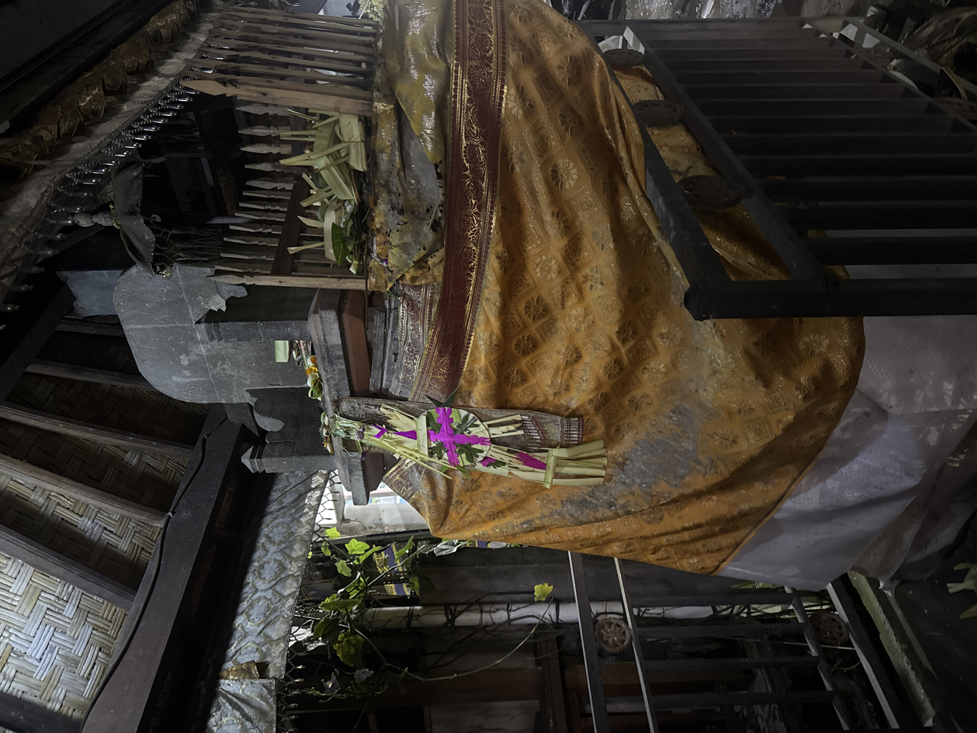 The image depicts an interior scene, possibly a temple or a traditional Balinese building, given the location context of Ubud, Indonesia. The primary subjects are architectural elements and decorative objects, rather than people. A prominent feature is a large, ornately patterned golden fabric, likely a textile used for religious or ceremonial purposes, draped over a wooden structure. Next to this fabric, a decorative arrangement of green palm leaves, tied with a bright pink ribbon, is visible. This arrangement appears to be a form of offering or decoration, common in Balinese spiritual practices.
The setting is dimly lit, suggesting an indoor space that might be a shrine or a less-trafficked area of a larger complex. The architecture includes wooden beams, steps, and woven elements, contributing to a rustic and traditional aesthetic. The steps, made of dark wood, are visible in the foreground and background, creating a sense of depth and structure. Some of the wooden elements show signs of wear and tear, adding to the aged character of the environment. Plants with green leaves are also present, trailing and growing, indicating a connection with nature within the built environment.
There are no people visible in the image, and no specific activity or event can be definitively identified, beyond the placement of the decorative elements which suggest a ritualistic or celebratory context. The time of day is not discernible from the lighting, and there are no clues about weather conditions. The overall impression is one of a serene, culturally rich, and possibly sacred space, characterized by its traditional materials and decorative elements. No visible text is present in the image.