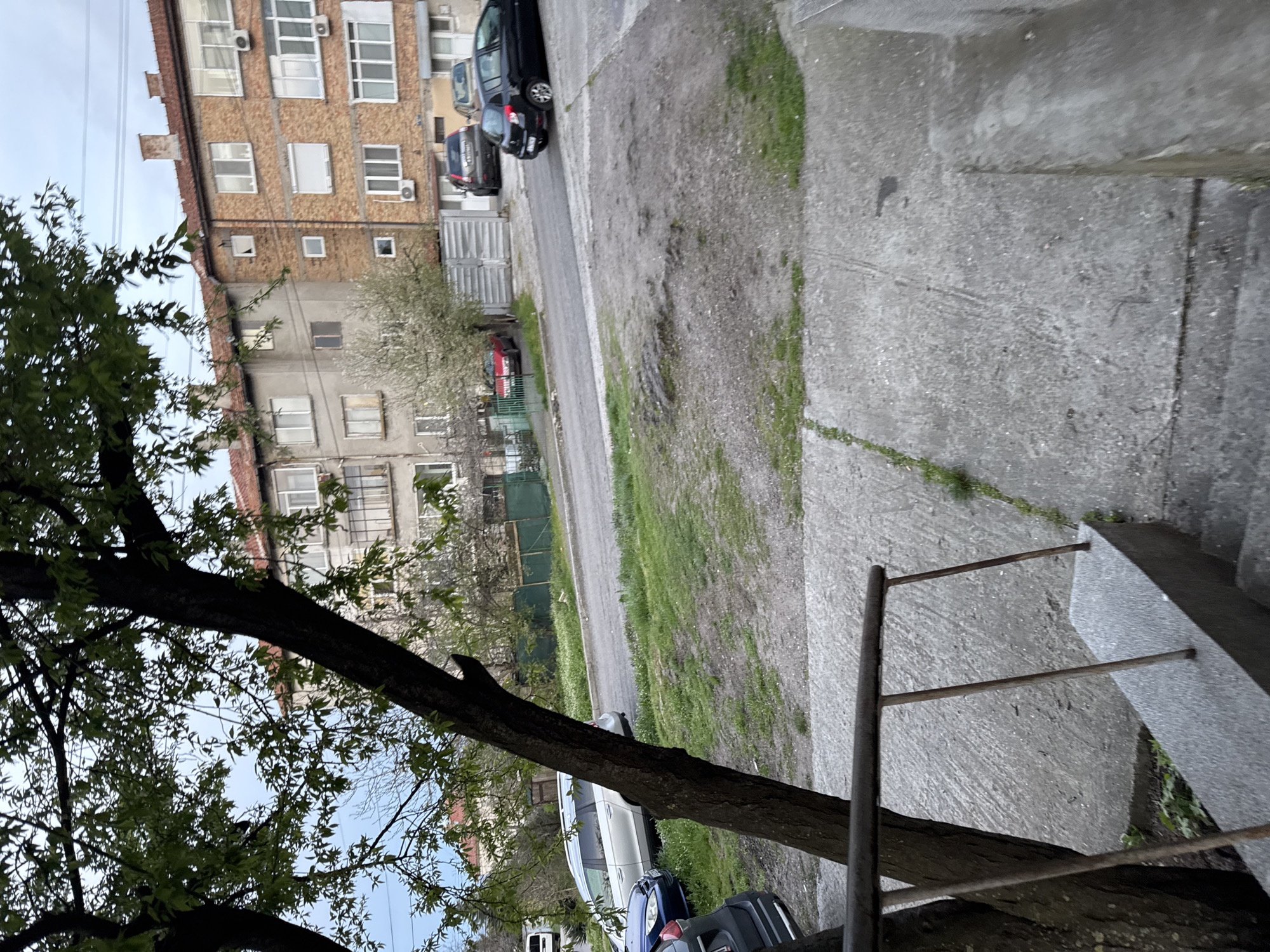 The image presents a street scene in what appears to be a residential area, with elements suggestive of a location in Burgas, Bulgaria. Multi-story brick and concrete buildings are visible on the left. Cars are parked along the street. A tree with leaves dominates the foreground on the left, partially obscuring the view. The ground is a mix of concrete, dirt, and grass. A gray concrete sidewalk runs along the right side of the frame, with metal railings. The overall atmosphere is overcast.