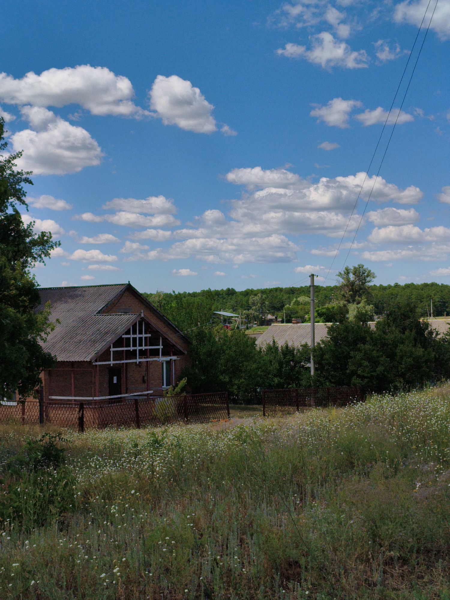 The image depicts a rural scene in Matiashivka, Ukraine, under a bright blue sky dotted with fluffy white clouds. The foreground is a field of tall, wild grasses and small white wildflowers, suggesting a warm, perhaps late spring or summer day. A weathered brown fence runs across the middle ground, separating the wildflower field from a yard where a brick building stands.
The building appears to be a house or a small community structure, with a dark grey, angled roof made of slate or corrugated metal. It has a prominent gable with a white, latticed window. A dark-colored door is visible under the porch, and a small white window is to its right. The building is surrounded by lush green trees, which also form a dense line of foliage in the background, hinting at a wooded area or a cluster of rural homes.
To the right of the building, a tall wooden pole supports electrical wires that stretch diagonally across the sky, a common sight in rural landscapes. Beyond the immediate building and trees, other rooftops and structures can be glimpsed, suggesting a small village or hamlet. The overall atmosphere is peaceful and serene, evoking a sense of rural tranquility on a sunny day. There is no visible text in the image.