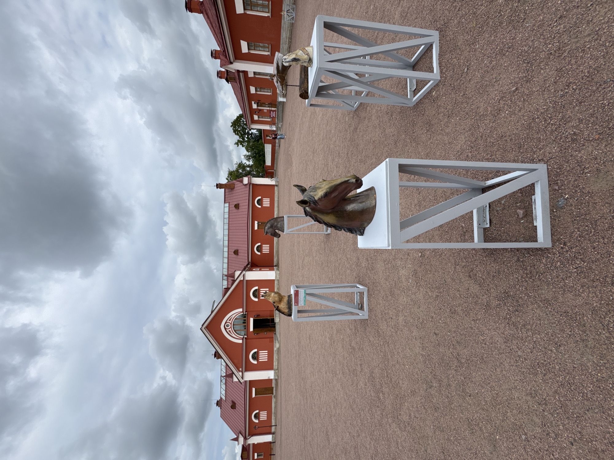 An outdoor art installation features several horse head sculptures displayed on white pedestals on a gravel courtyard in front of a long, red brick building with white trim and red roofs, characteristic of the architectural style of Pushkin, Russia. The sky is overcast with dramatic, grey clouds. The sculptures vary in material and style, with one prominent sculpture in the foreground depicting a brown and black horse head with a textured mane. Another sculpture further back shows a lighter colored horse head. A single person is visible in the distance, walking along the building. The setting appears to be a public space, possibly part of a museum or historical park complex in Pushkin.