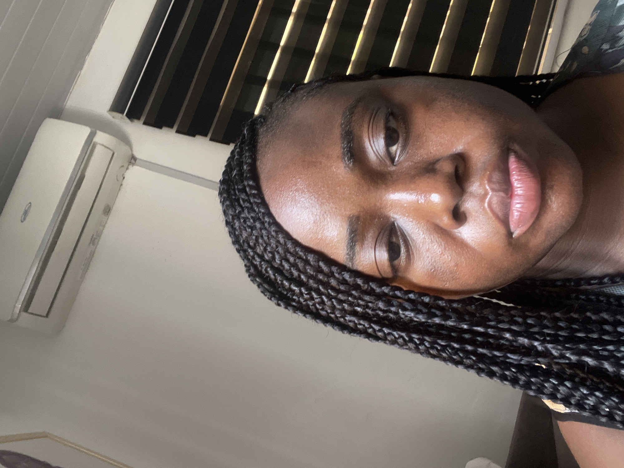 A close-up, diagonally oriented image features a person, likely a woman, with dark skin and long, dark box braids. Her face occupies a significant portion of the frame, turned slightly towards the viewer with a neutral or contemplative expression. Her lips are full, appearing natural or with a subtle sheen. Her skin displays a natural glow or dewy finish, particularly noticeable on her forehead, nose, and cheeks, reflecting the bright light.
In the background, behind and above her head (due to the image's orientation), dark horizontal window blinds are visible, with bright sunlight streaming through, creating vertical streaks of light. To the left, a white split-unit air conditioning system is mounted on a light-colored wall. The rest of the background consists of plain, light-colored walls. A faint, indistinct outline of an object, possibly a picture frame, is partially visible in the bottom-left corner.
The person appears to be posing for a close-up photograph, possibly a selfie, taken from a low angle. The bright, natural lighting suggests it is daytime. There is no clearly legible text visible anywhere in the image. The braided hairstyle is a prominent detail of the person's appearance. While the provided context suggests Abuja, Nigeria, there are no explicit visual cues within the image to confirm this location.