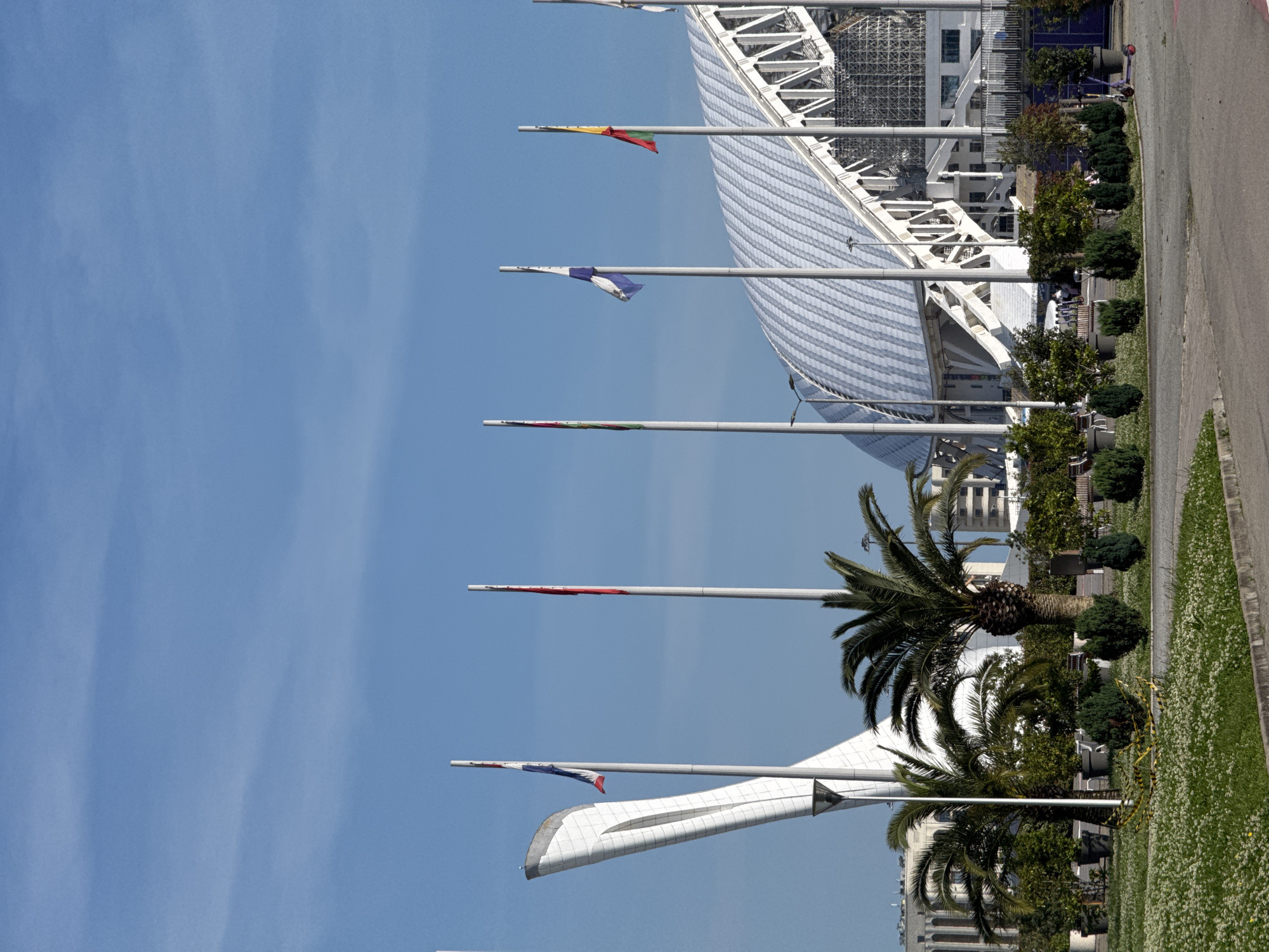 The image displays an outdoor scene in Sirius, Russia, under a clear, light blue sky with faint high-altitude cloud streaks, indicating bright daylight. Dominating the mid-ground on the left is a tall, white, curvilinear structure, identified as an Olympic flame cauldron. To its right, the large, white-roofed Fisht Olympic Stadium is visible, showcasing a ribbed roof and exposed white support framework.
A row of multiple tall, white flagpoles extends across the mid-ground. Flags, partially furled due to lack of wind, display various color combinations: one with red, white, and blue horizontal stripes; another predominantly red with a white element; one with vertical green, white, and blue stripes; one with blue and white horizontal stripes; and one with vertical red, yellow, and green stripes.
The foreground features a lush green lawn interspersed with small white flowers, bordered by a paved pathway. Yellow and black caution tape is present around a bush on the grass in the lower left. Several mature palm trees are distributed throughout the scene, interspersed with dark green bushes and potted shrubs lining the pathway. Park benches are visible in the background behind the planted areas, and two purple electric scooters are parked on a paved surface on the far right. Additional modern buildings are discernible in the background, behind the vegetation and stadium. No individuals are visible in the frame.