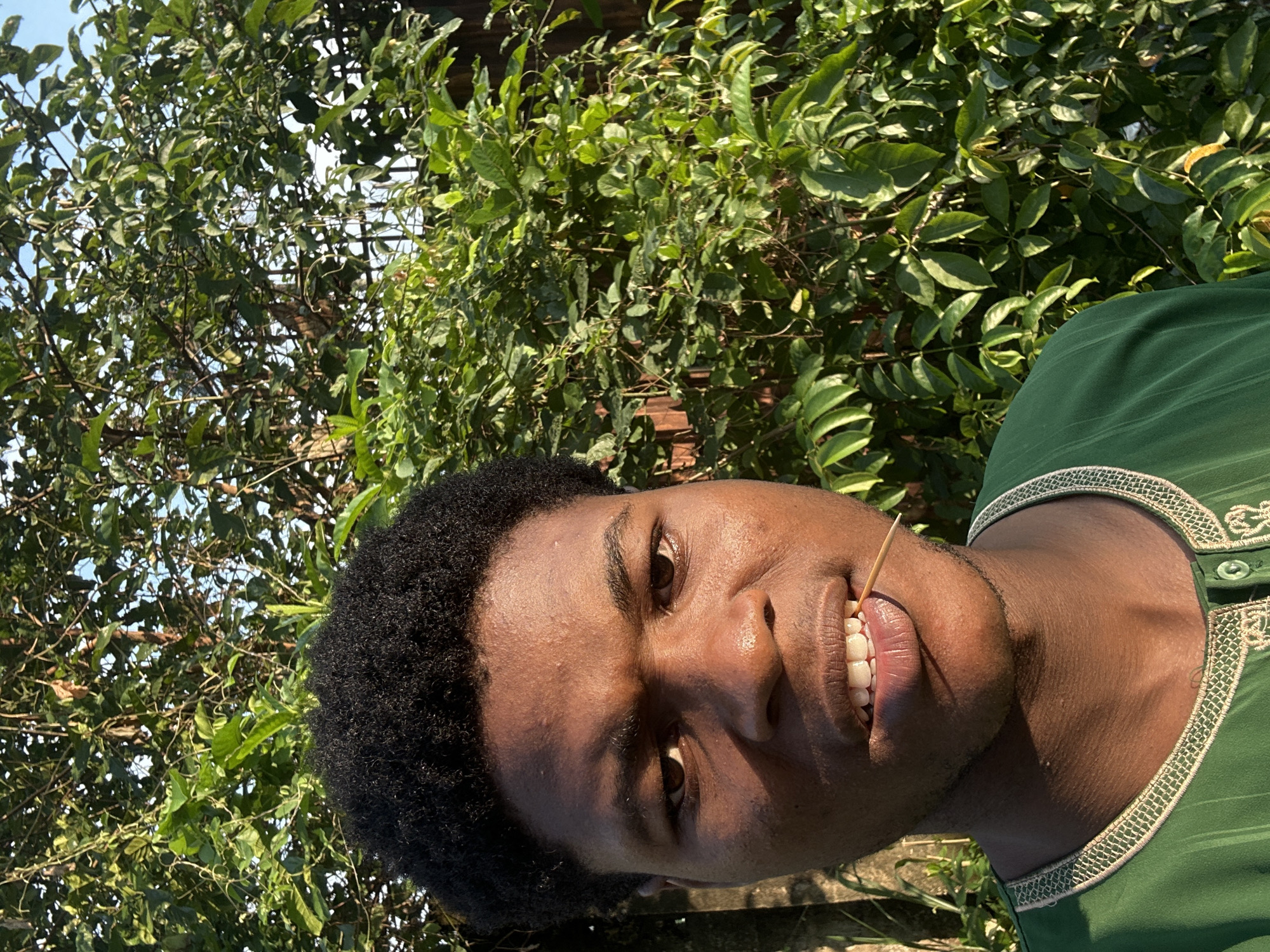 A close-up, sideways shot shows a young Black person outdoors, with lush green foliage dominating the background. The subject has dark, curly hair and is looking towards the camera with a slight smile, revealing white teeth. A thin wooden stick, possibly a toothpick, is held between their teeth. The person is wearing a green garment with decorative trim around the neckline. Sunlight illuminates the scene, suggesting it is daytime. The background foliage implies a natural setting, possibly a garden or park, consistent with the provided location context of Ihiagwa, Nigeria. There is no visible text in the image.