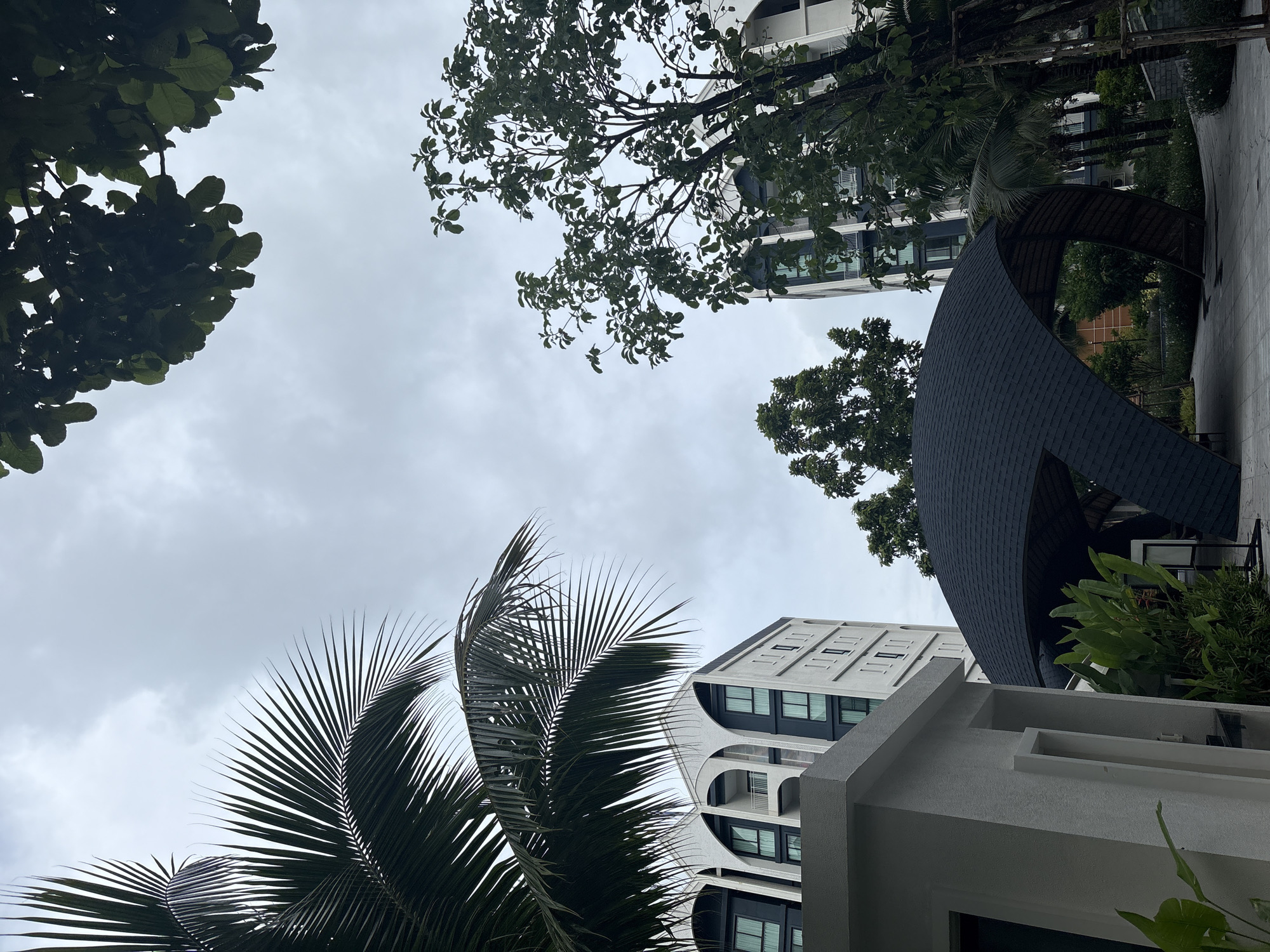 The image depicts an outdoor scene in Sakhu, Thailand, with a view of a modern building complex and lush vegetation under a cloudy sky. In the foreground, a curved, dark-tiled structure with exposed wooden supports is visible, suggesting a pavilion or an open-air gathering space. To the left, a white, low-rise building with a textured facade is partially in frame, providing a contrasting architectural element.
Behind these structures, a tall, multi-story building with a white exterior and dark-framed windows is prominently featured. The building's design incorporates arched window frames on its upper floors, adding a unique aesthetic.
Surrounding the architecture are various trees and plants. A large palm frond extends from the left side of the image, casting a shadow. To the right, a mature tree with dense green foliage partially obscures another section of the building. The ground appears to be paved with interlocking stones, forming a pathway or courtyard.
The overall atmosphere is tranquil, with no people or visible activity. The cloudy sky suggests a subdued lighting condition, typical of overcast weather. The scene likely represents a resort, residential complex, or a public space designed with an emphasis on modern architecture and tropical landscaping.