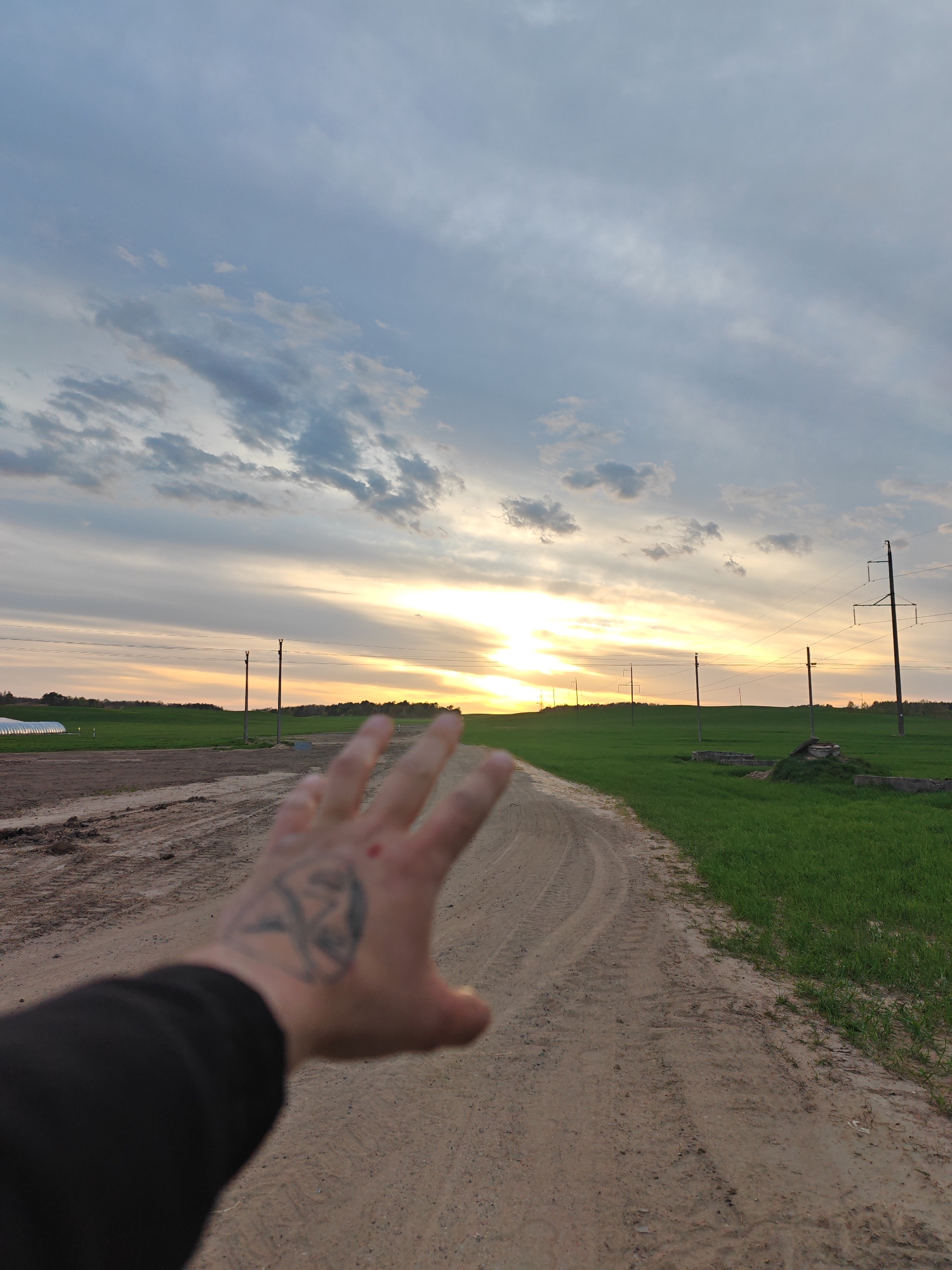 The image captures a rural landscape in Piatryshkaŭski Village Council, Belarus, at sunset or sunrise. The primary subject is a person's outstretched right hand, positioned in the foreground and slightly out of focus, reaching towards the horizon. The hand has a distinct tattoo on its back and a small red mark near the knuckles.
The scene is dominated by a dirt road that curves from the lower left to the center of the frame, marked with tire tracks. Lush green fields flank both sides of the road, extending into the distance. On the left side, a white, tunnel-like structure, possibly a greenhouse, is visible in the background.
The sky is a prominent feature, displaying a blend of soft blues and grays with scattered clouds. The sun is a bright, warm orb on the horizon, casting an orange and yellow glow across the lower sky and illuminating the clouds above with hints of pink and gold. Several utility poles with power lines stretch across the landscape, silhouetted against the bright sky. The overall atmosphere evokes a sense of vastness and natural beauty during the golden hour. There is no visible text in the image.