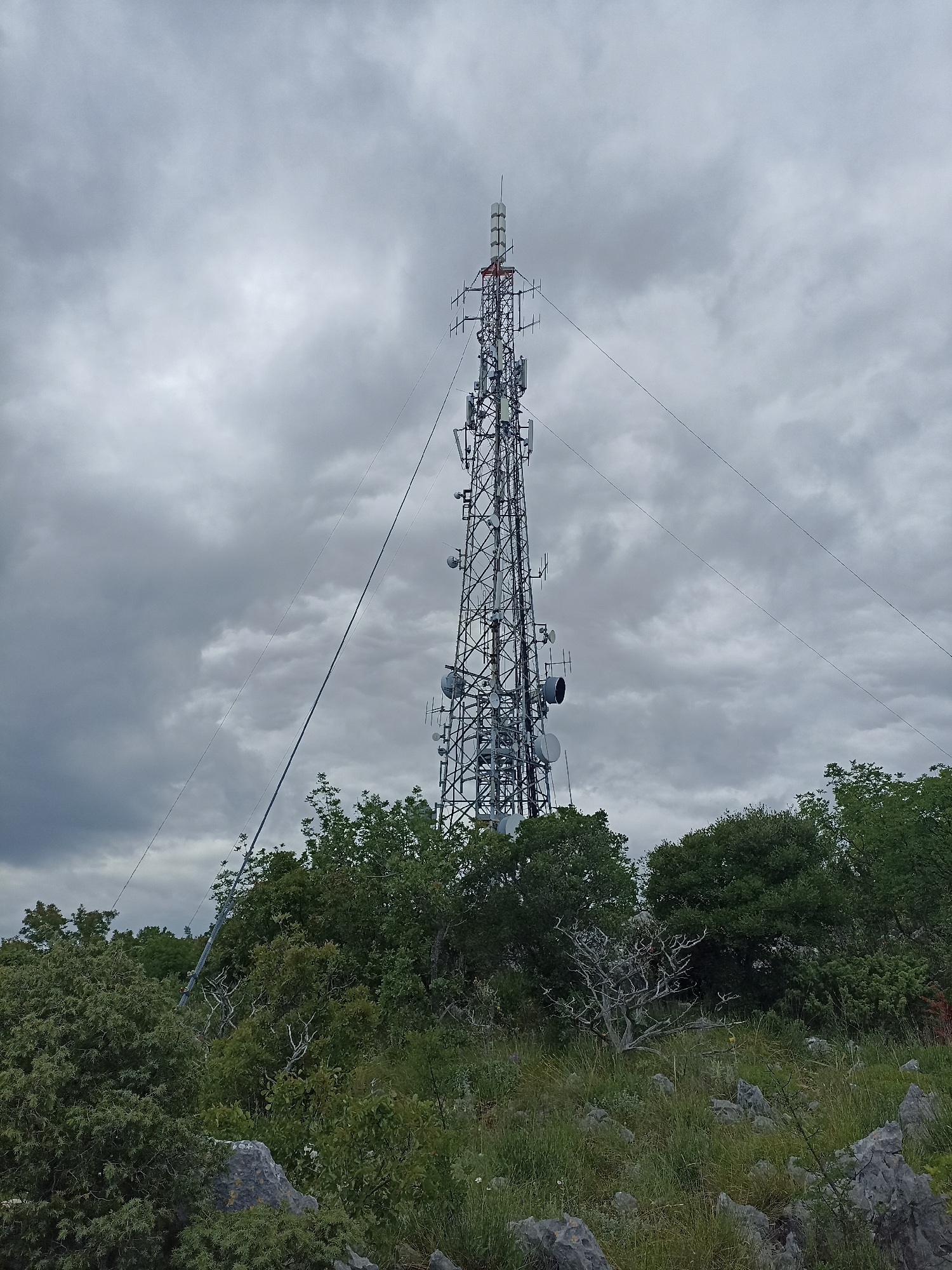 A tall telecommunications tower stands amidst a landscape of green trees, shrubs, and rocky terrain in Mišići, Montenegro. The overcast sky is dominated by dense, gray clouds. The tower is secured by guy wires anchored to the ground. Various antennas and microwave dishes are mounted on the tower.
