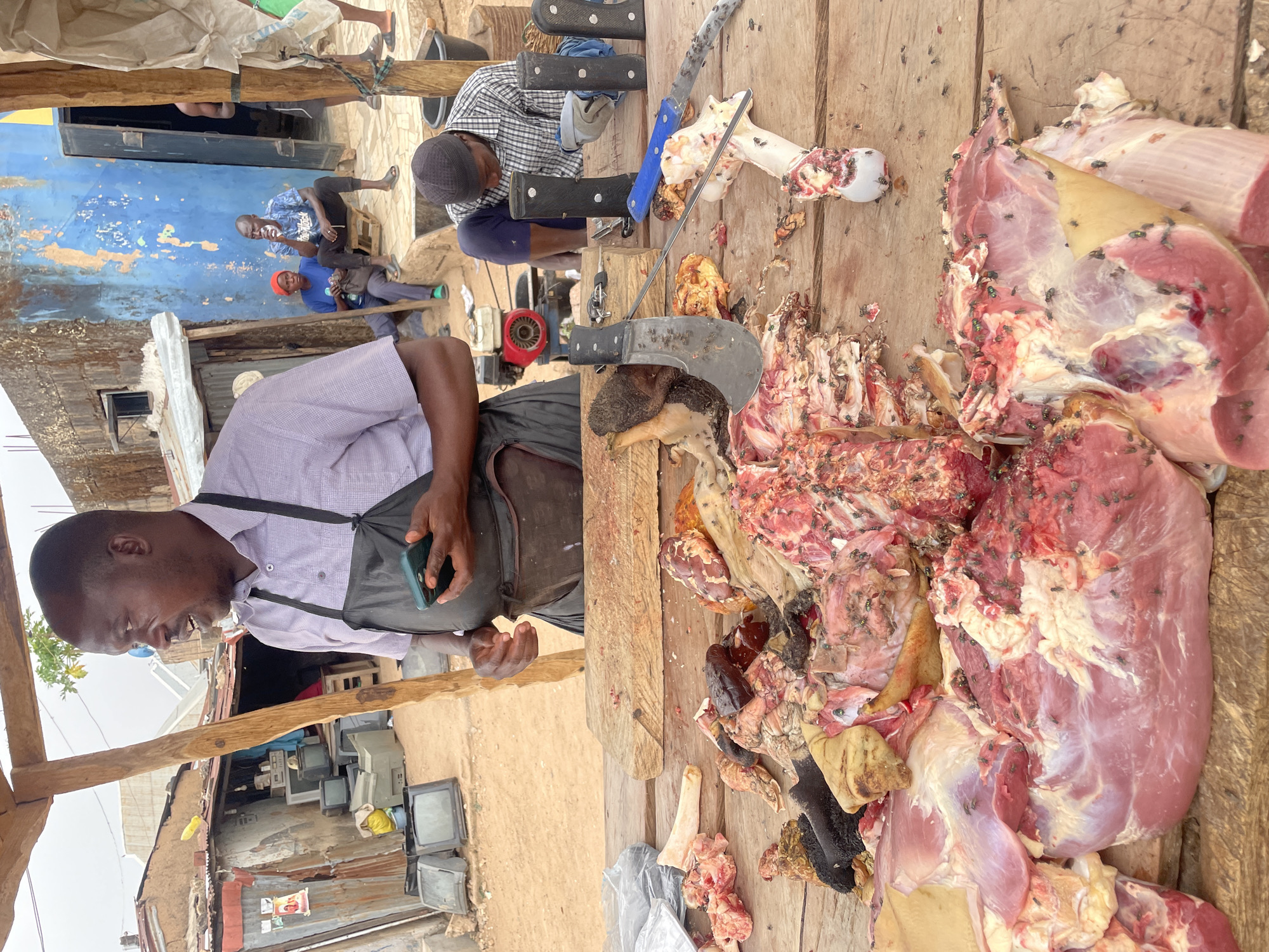 The image captures a butcher shop scene in Jos, Nigeria. A man wearing a light purple shirt and black apron is visible, holding a smartphone in his left hand. Adjacent to him is a wooden table covered with various cuts of meat, bones, and offal, heavily infested with flies. A second man, wearing a checkered shirt and a cap, is squatting behind the table, sharpening a large knife. Multiple knives and a cleaver are embedded in a wooden block and directly on the table. In the background, several men are sitting and watching, and some broken down old televisions are stacked under a makeshift structure. The buildings and structures appear to be constructed from corrugated metal.