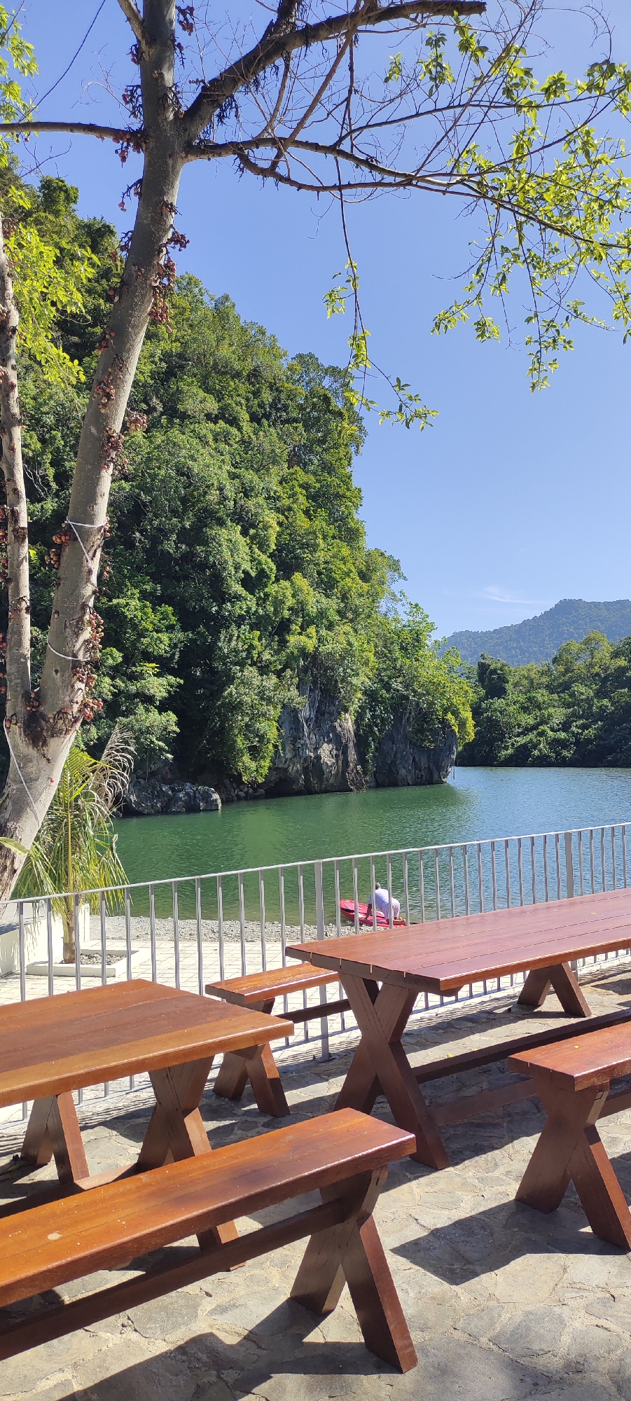 This image depicts an outdoor seating area with wooden picnic tables and benches, likely part of a restaurant or recreational facility. The tables and benches are positioned on a paved patio area. Beyond the patio, a metal railing separates it from a pebbled shoreline and a body of calm, green water. In the water, a person wearing a white shirt is interacting with a red kayak or raft. The background features a lush, green, tree-covered hillside that rises steeply from the water's edge. Further in the distance, rolling hills covered in trees are visible under a clear blue sky. A prominent tree with visible fruit or seed pods stands to the left of the frame, partially obscuring the view of the hillside. The overall setting suggests a natural, tranquil environment, possibly in a location like Lamseunia, Indonesia, known for its scenic landscapes.