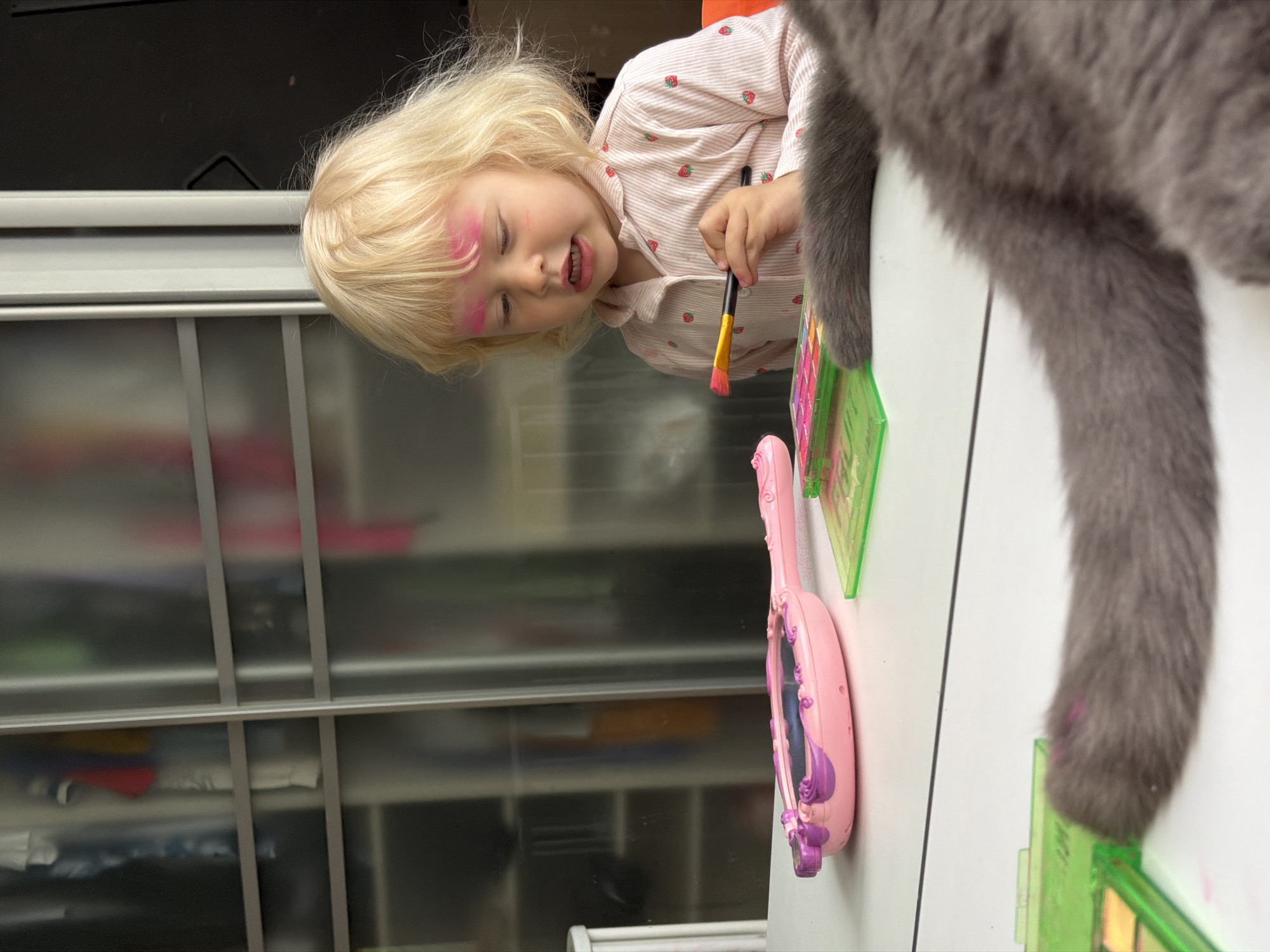 A young, fair-skinned child with blonde hair, playfully adorned with bright pink blush or makeup on their forehead and cheek, is featured prominently in this indoor photograph taken in Sochi, Russia. The child is smiling widely, showing their teeth, and holding a small brush with a pink tip in their right hand, suggesting they are in the midst of applying the makeup. They are wearing a light-colored long-sleeved shirt patterned with small red strawberries.
Part of a grey cat's fluffy body, including a leg and tail, is visible in the foreground on the right side of the image, resting on a white table. On the table, next to the child's arm, are a vibrant green makeup palette containing various colored squares and a pink handheld mirror with ornate purple detailing.
The background features blurred frosted glass sliding doors, likely part of a wardrobe or cabinet, revealing indistinct shapes of clothes or items inside. The scene captures a joyful, casual moment during the daytime. The child's expression conveys happiness and engagement in their playful activity. No visible text is present in the image.