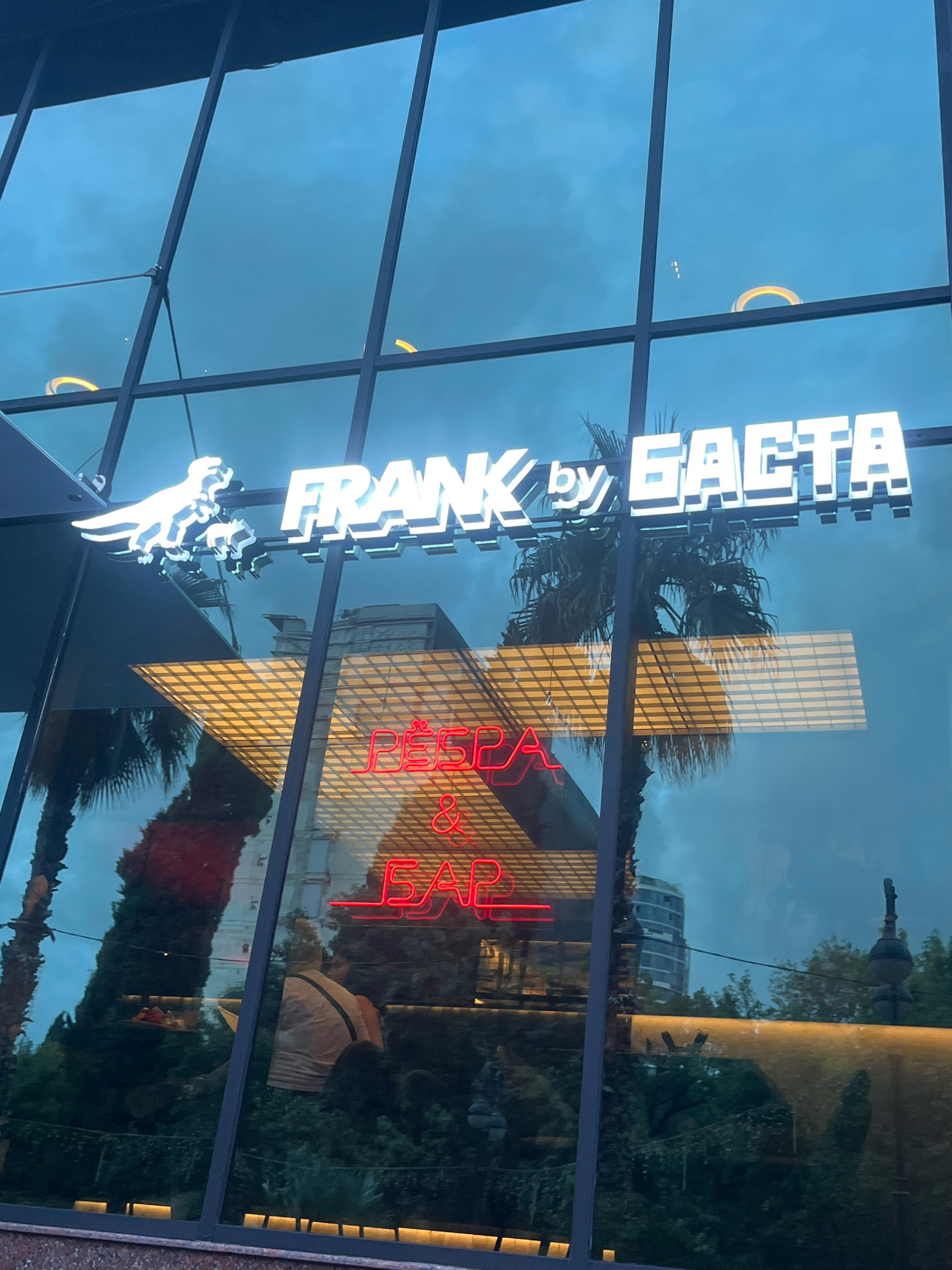 The image shows a reflection on a glass facade of a building in Sochi, Russia. The facade displays a neon sign that reads "FRANK by GAETA" in white illuminated letters, with a white silhouette of a dinosaur to the left of the text. Below this, a red neon sign is visible, spelling out "RESPA & CAP". The reflection shows palm trees, greenery, and a person sitting at a table inside the establishment. The sky is overcast and blue.
