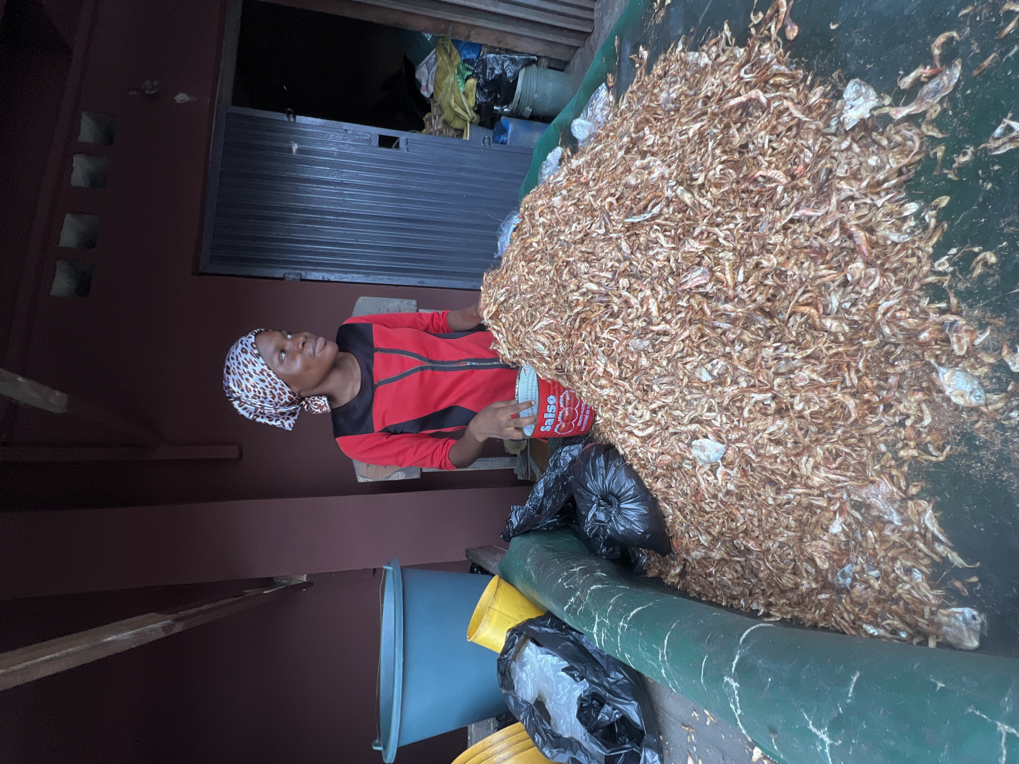 A woman in a red zip-up jacket and headscarf stands next to a large pile of dried fish in what appears to be a bin or cart. She is holding a tin can. The scene is located in Nkpor, Nigeria. Behind her is a closed metal door or gate, and various containers and black bags are visible around the bin. The setting appears to be an outdoor area, possibly a market or storage space.