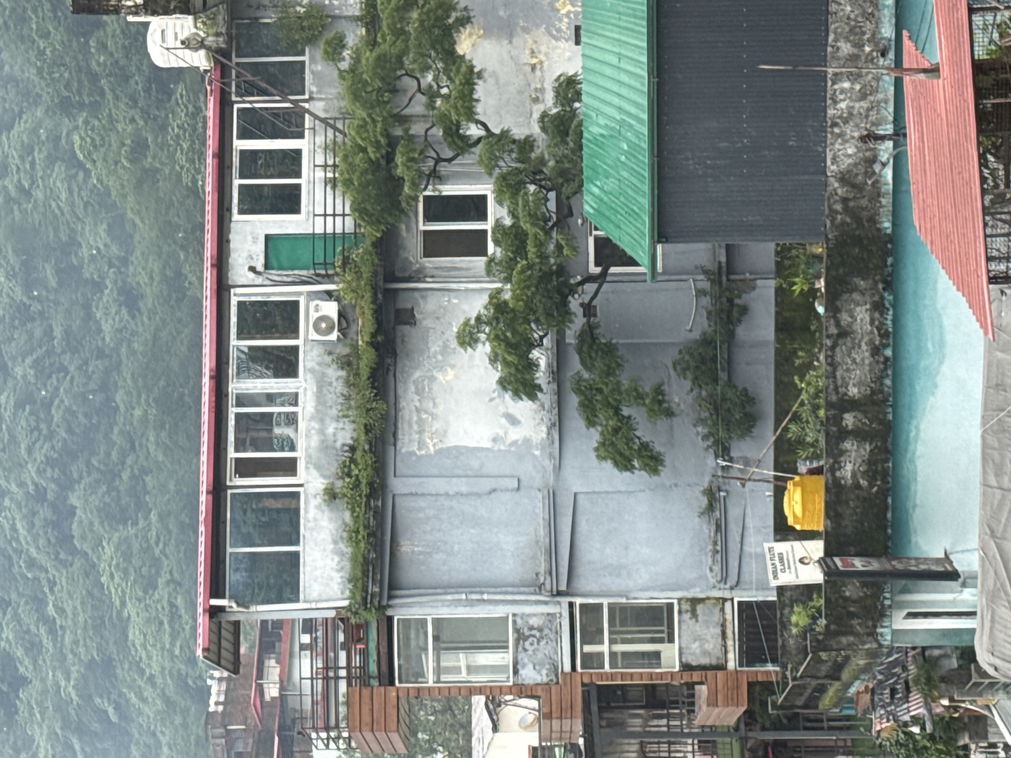 The image depicts a multi-story building with a red-tiled roof and large windows, likely located in Rishikesh, India. A lush green forest covers the background, suggesting a mountainous or hilly region. The building has a weathered appearance, with some areas showing signs of wear and tear.
On the top floor, there's a balcony with a metal railing and several windows. A green door is visible, and an air conditioning unit is mounted on the exterior wall. A water tank is situated on the rooftop, near a metal staircase.
The middle floors feature more windows and balconies, with a tree growing out of the side of the building, its branches reaching across the structure. The walls are a pale gray, with visible cracks and patches.
The lower levels show further windows and balconies, including one with a wooden exterior. A sign that reads "Indian Flute Classes" is displayed on a balcony, along with a bright yellow water tank.
In the foreground, a dark-colored structure with a corrugated green roof is partially visible, and a portion of another building with a red roof can be seen at the very bottom of the image. The overall impression is of a somewhat aged, but still functional, building in a natural, possibly somewhat humid, environment.