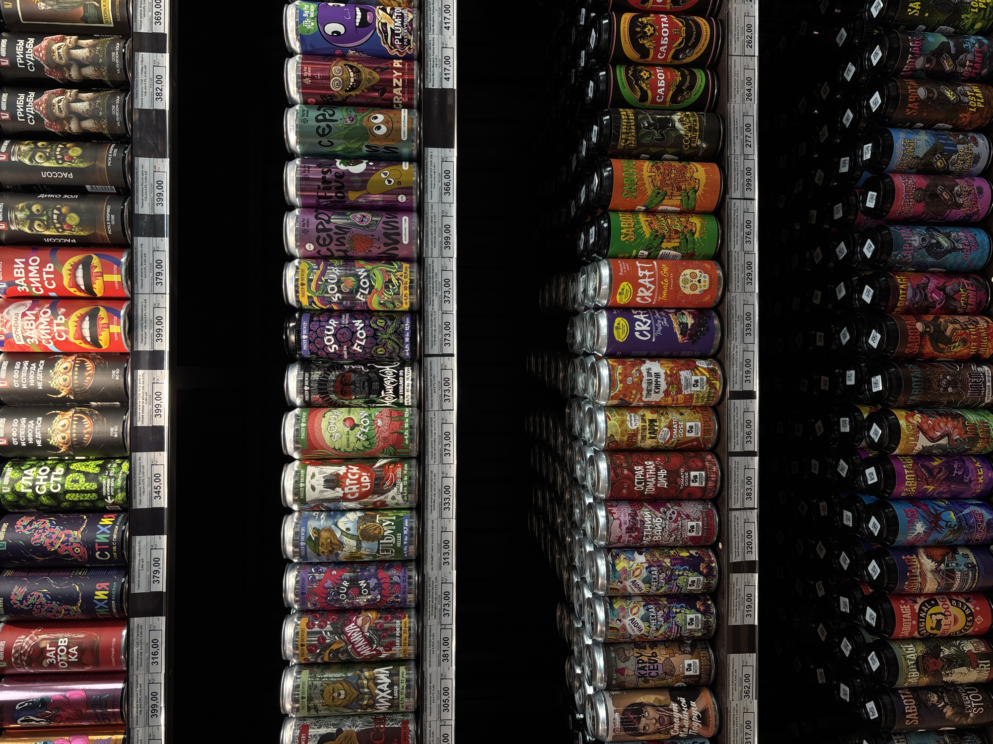 The image presents a section of refrigerated shelving in a retail establishment, likely a store specializing in craft beer, potentially located in the city of Perm, Russia. The shelves display a variety of canned beers, arranged neatly in rows. The cans feature diverse branding, with prominent Cyrillic text indicating that the beverages are likely produced and marketed locally. Each can is accompanied by a price tag, also in Russian, and indicating the cost per unit. The lighting is consistent, highlighting the textures and details of the cans and shelves. The environment appears clean and orderly, suggesting a well-maintained retail space.