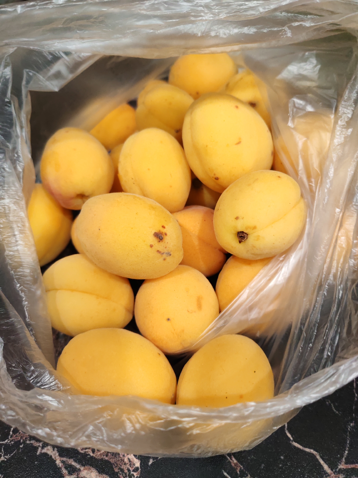 A close-up, overhead shot reveals a plastic bag filled with ripe apricots. The apricots are predominantly yellow with hints of orange, and some display small brown blemishes. The bag itself is transparent, allowing the vibrant fruit to be clearly visible. The background consists of a dark, textured surface, possibly a countertop, with a marble-like pattern. The image does not depict any specific location within the city of Тешевичи, Russia, nor does it contain any people or actions.
