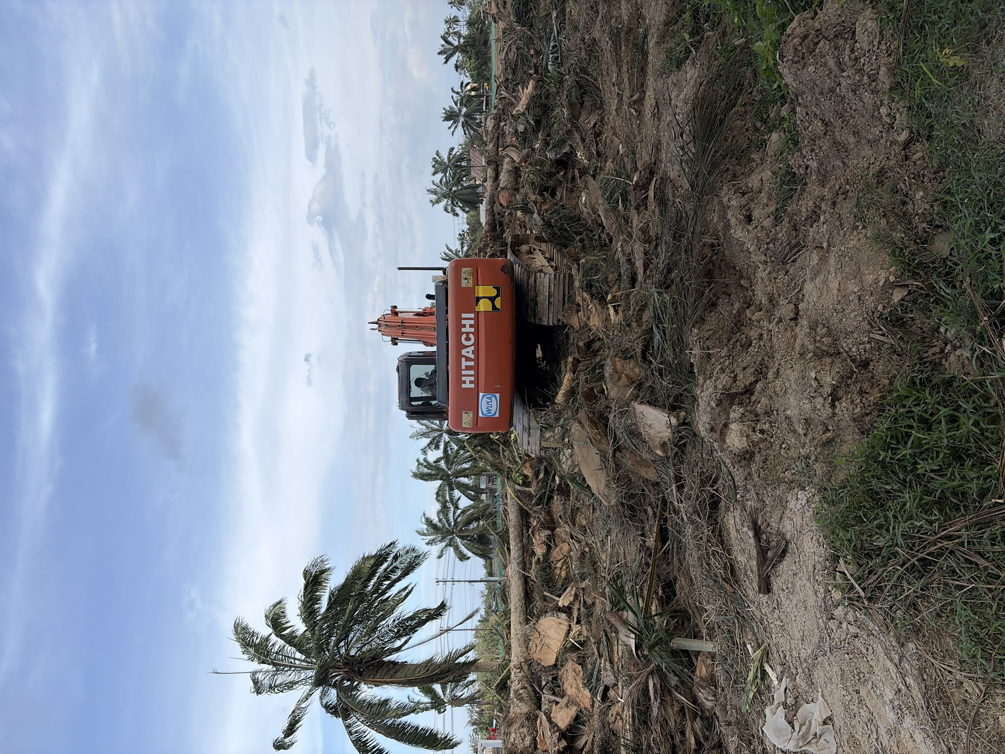 The image depicts a construction site in Simpangempat, Indonesia. A Hitachi excavator is visible amidst freshly cleared vegetation, including sections of tree trunks, branches, and roots. The ground is composed of dirt and some remaining green foliage along the edges. Palm trees are visible in the background and foreground, suggesting the area was previously densely vegetated. Overhead, the sky is partially cloudy.