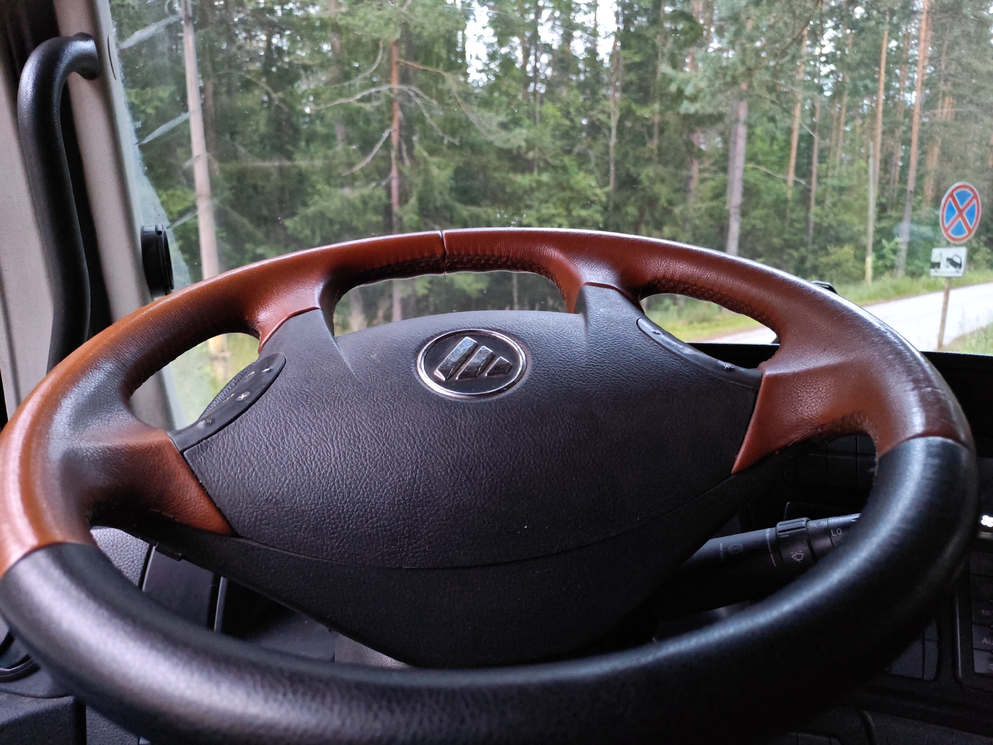 This is a close-up, eye-level shot from inside a vehicle, focused on the steering wheel. The steering wheel is a two-tone design, with a black leather grip on the bottom half and a brown leather grip on the top half. A chrome emblem is visible in the center of the steering wheel. The background shows a forest scene through the vehicle's windshield, with tall trees and foliage. A road and a traffic sign are also visible in the distance. The image appears to be taken from the driver's seat. There are no people or visible actions taking place. The environment outside the vehicle is natural and wooded. The location is identified as Luga, Russia, based on the context provided.