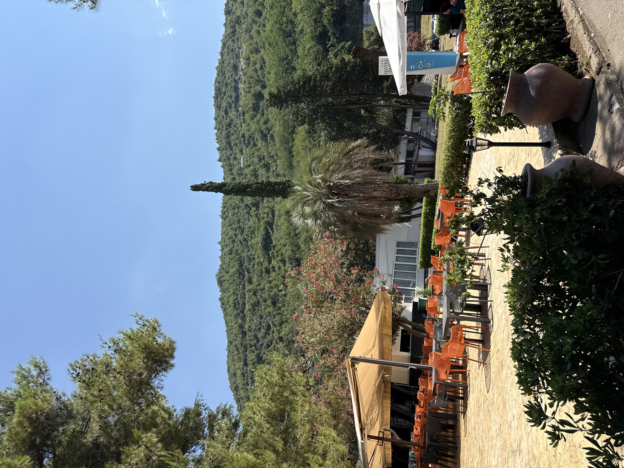 The image depicts an outdoor seating area with several orange chairs and tables, suggesting a cafe or restaurant setting. The scene is bathed in sunlight, indicating it's daytime, likely midday or early afternoon. A large, sandy-colored building with white windows stands behind the seating area.
A lush, green mountainside dominates the background, covered in dense trees. A tall, slender evergreen tree stands in front of the mountain, near a large palm tree with a dry, full frond. In the foreground, a stone-tiled pathway leads towards the seating area, with two large, dark-colored ceramic vases on either side, adding a decorative element. A lamppost is also visible on the pathway.
On the left side of the image, a light-colored awning extends over some of the seating, providing shade. The sky is a clear, bright blue, suggesting fair weather. The overall atmosphere is relaxed and inviting, typical of a pleasant outdoor dining experience.
Visible text includes "HOTEL PAPA" on a blue sign near the building and some smaller text on the awning which is difficult to read. The location appears to be Budva, Montenegro, given the context provided, and the mountainous landscape is consistent with the region. There are no people clearly visible in the image, though the presence of seating implies it is a place for people to gather.