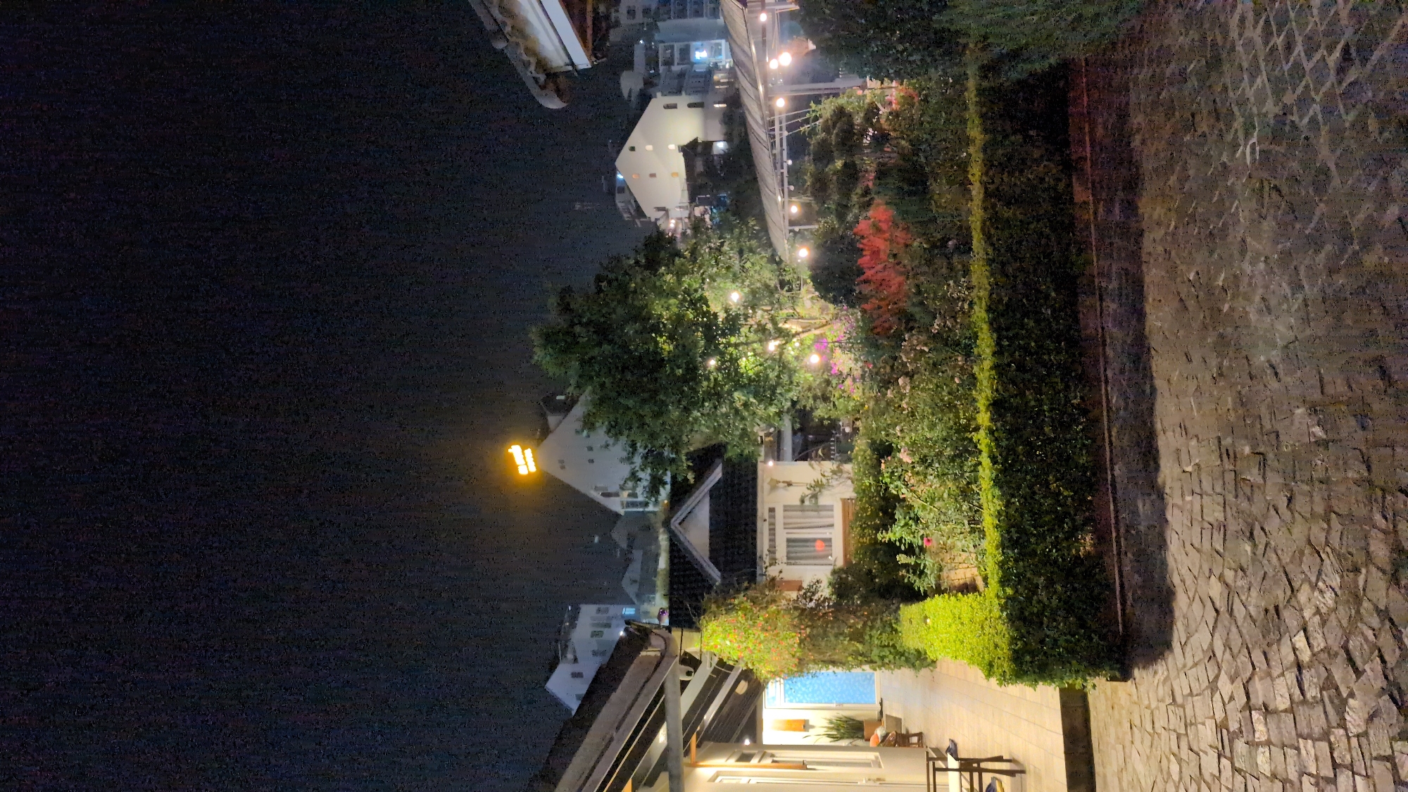 At night, the image captures a scene in Da Lat, Vietnam. In the center is a tree with lights strung through its branches, surrounded by buildings. To the left, is a dark expanse with a building that has a lit up '11' on its roof. To the right is a pathway with cobblestones on one side and a trimmed hedge on the other. Furniture and decorations adorn the patios of buildings.