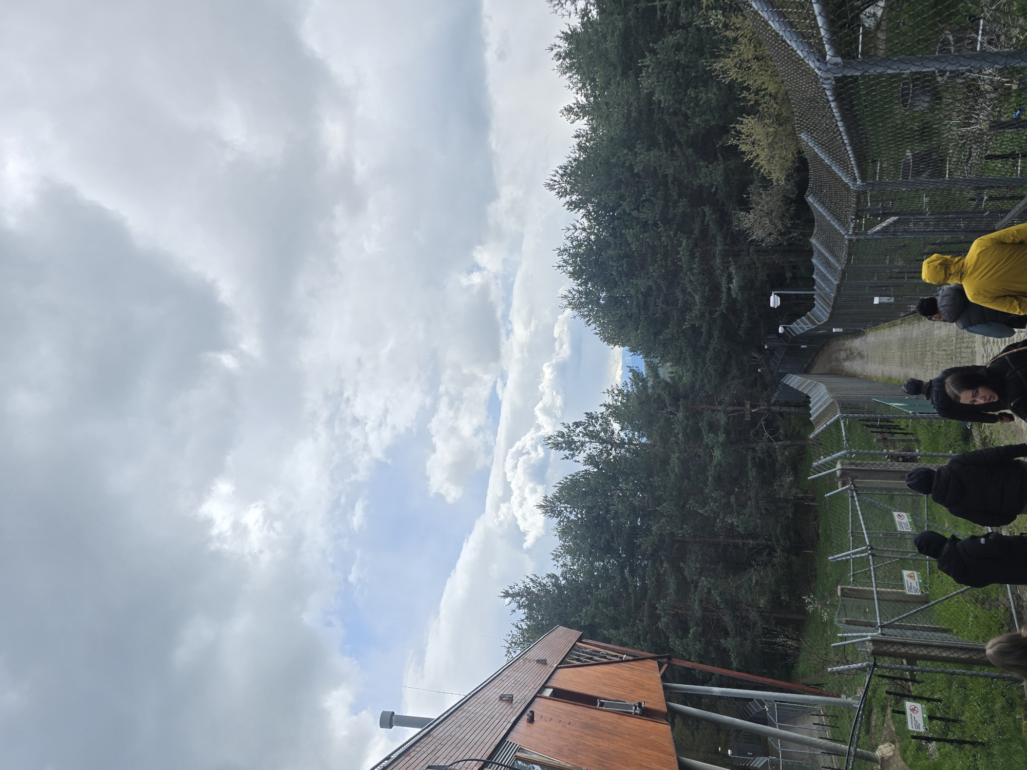 The image depicts an outdoor scene. The lower portion of a wooden building is visible on the left, featuring a window and a chimney-like structure. A path or walkway runs along the right side of the frame, bordered by a high chain-link fence topped with barbed wire. Trees line the other side of the path, creating a narrow corridor. Several people are present, some in black clothing and one wearing a yellow hooded jacket. They appear to be walking along the path. The sky occupies a significant portion of the image, exhibiting a mix of light and dark clouds. Based on this image and provided information, it appears to be in Yakoruda, Bulgaria.