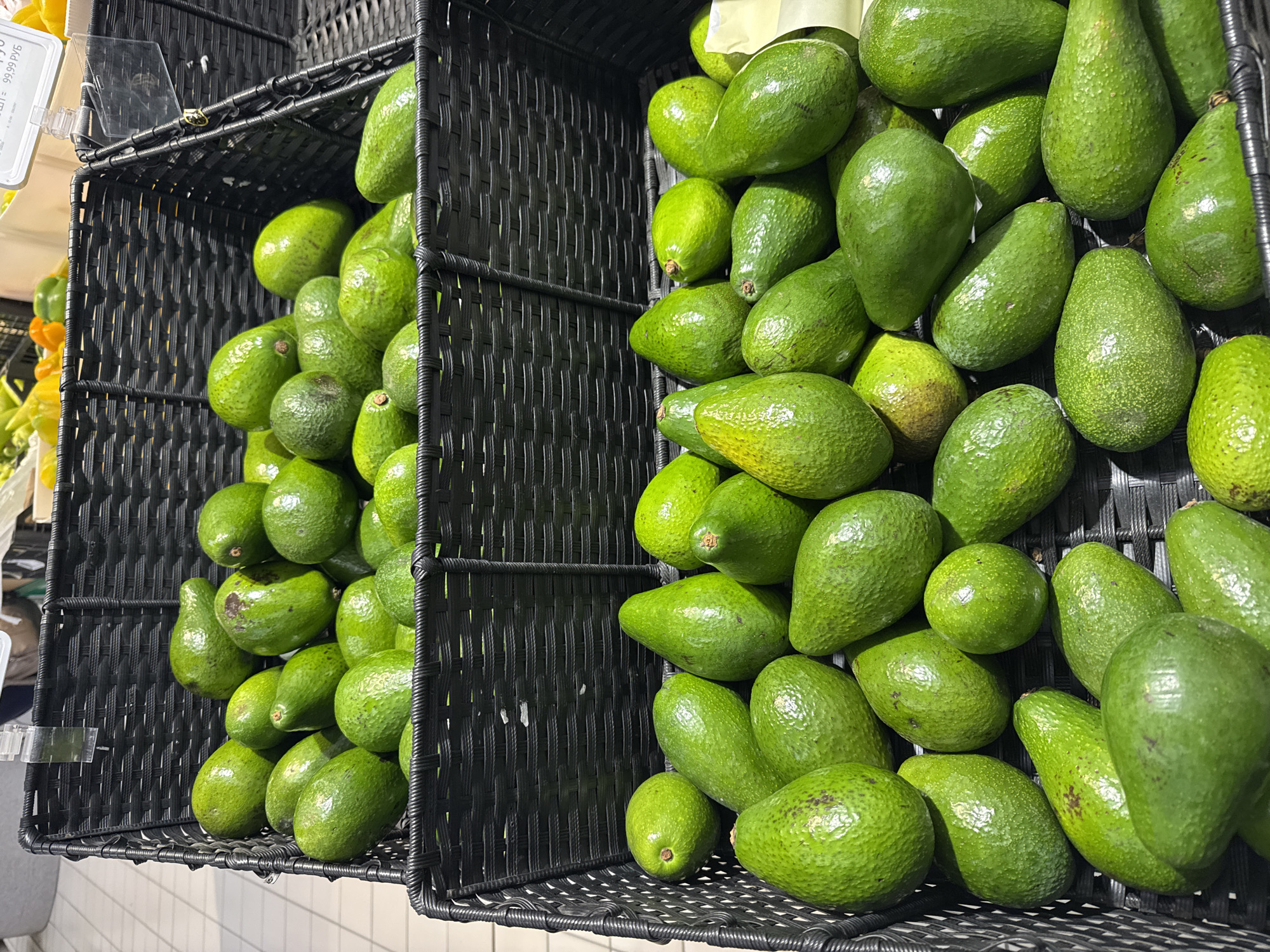 The image shows a close-up view of two black woven baskets filled with ripe avocados. The baskets are stacked, with the left basket positioned slightly in front of and to the left of the right basket. Both baskets are overflowing with green avocados of various sizes and shapes. Some avocados are smooth, while others have a bumpy texture. The lighting suggests an indoor setting, possibly a grocery store or market, with some shadowing indicating it's not direct sunlight. The background is a muted, light-colored tiled wall.
On the left side of the image, partially visible, is a white price tag with some Cyrillic text. A small portion of the text is legible: "99,99 РУБ," indicating the price in Russian Rubles. The overall impression is a bountiful display of fresh produce. No people are visible in the image. The scene is static, focusing solely on the avocados and their display containers. The time of day and weather are not discernible from the image. The location is hinted at by the currency on the price tag.