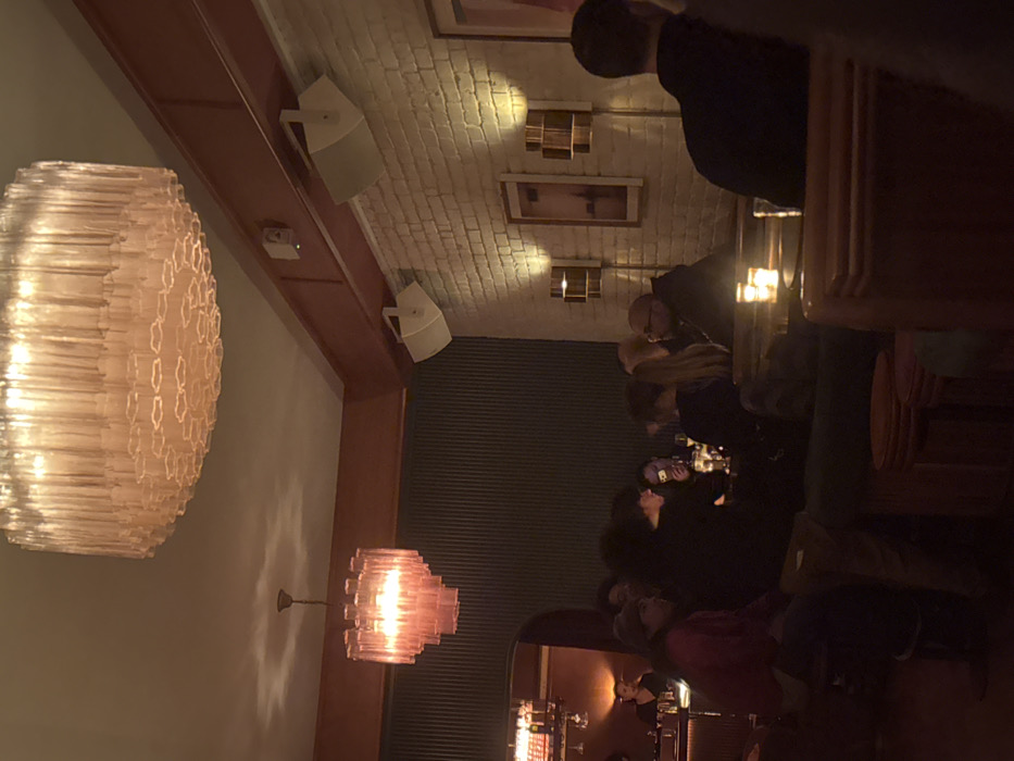 An interior view of a dimly lit bar or restaurant establishment within New York City, United States of America, is depicted. A large, ornate cylindrical chandelier composed of translucent glass segments hangs prominently from the ceiling in the upper center. Further back and to the left, a smaller, tiered chandelier with pink or red glass elements is suspended. The ceiling is painted a light neutral color, bordered by a reddish-brown beam that extends along the top of the walls. Two white, horn-shaped speakers are mounted on this beam against a white painted brick wall on the right. This wall displays two framed artworks, each illuminated by a golden-colored sconce. The left wall features a dark, vertically ribbed or corrugated texture.
Multiple individuals are present, engaging in social activities. In the mid-ground, a group of people is seated at a dark booth with green cushioning around a wooden table. Visible among them are a bald male with glasses looking towards another person, and others partially obscured. Drinks in glasses, possibly champagne flutes, are present on the table, along with small candles. In the foreground right, a person with dark hair, wearing a dark top, is seen from behind, seated at a similar booth. To the far left, near a bar area, a person wearing a pink/red top and a beanie sits on a stool. Behind the bar, a female staff member with dark hair is visible. The overall ambiance is warm and low-lit.