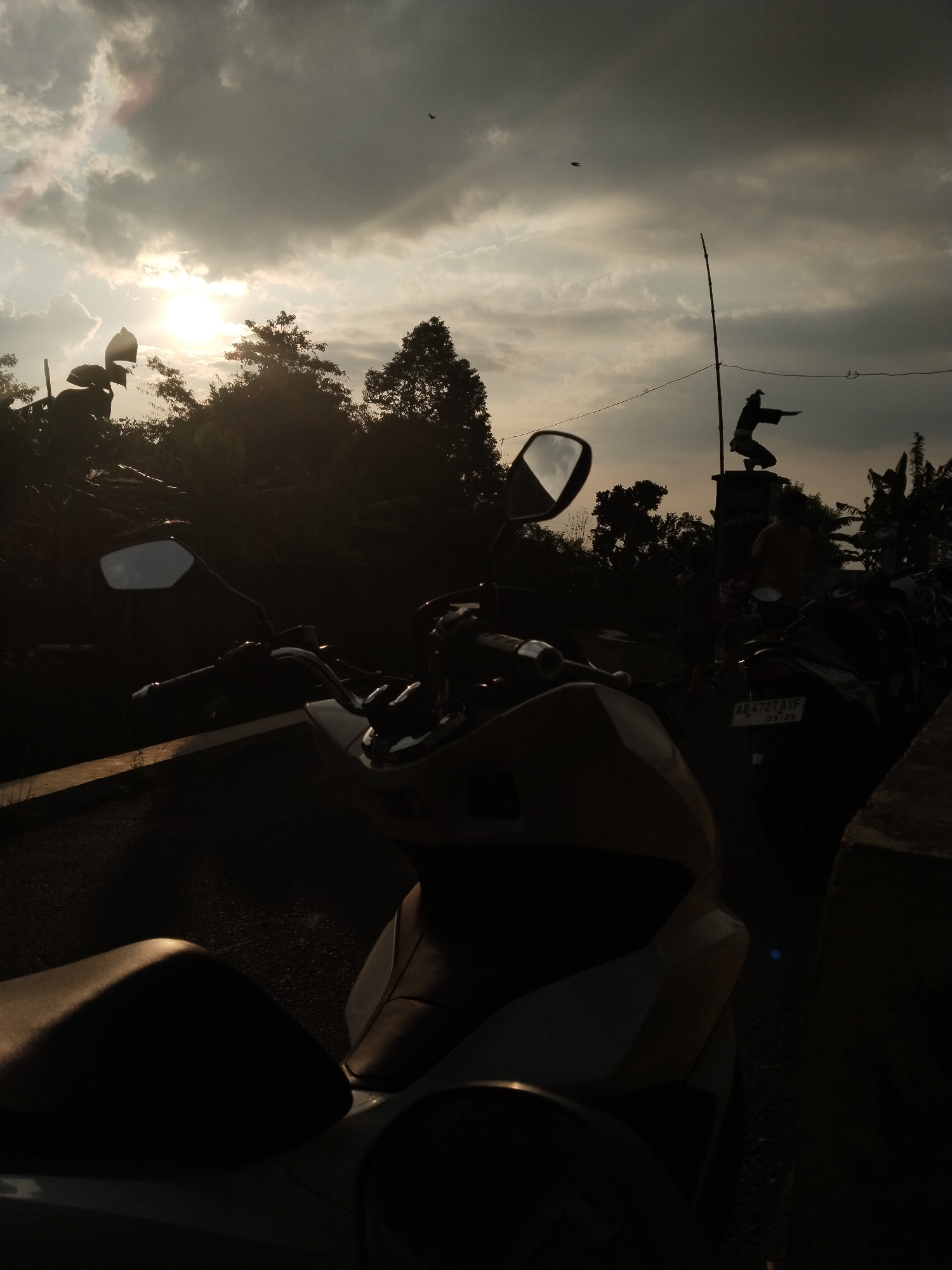 The image depicts a row of parked motorbikes on an urban street at dusk. The silhouetted foreground motorbike is white, with a visible side mirror and handlebars. In the background, a statue of a figure in a martial arts pose stands atop a pillar. A few birds are visible in the cloudy sky. The location appears to be in Unknown, Unknown, but further details are obscured by the darkness.