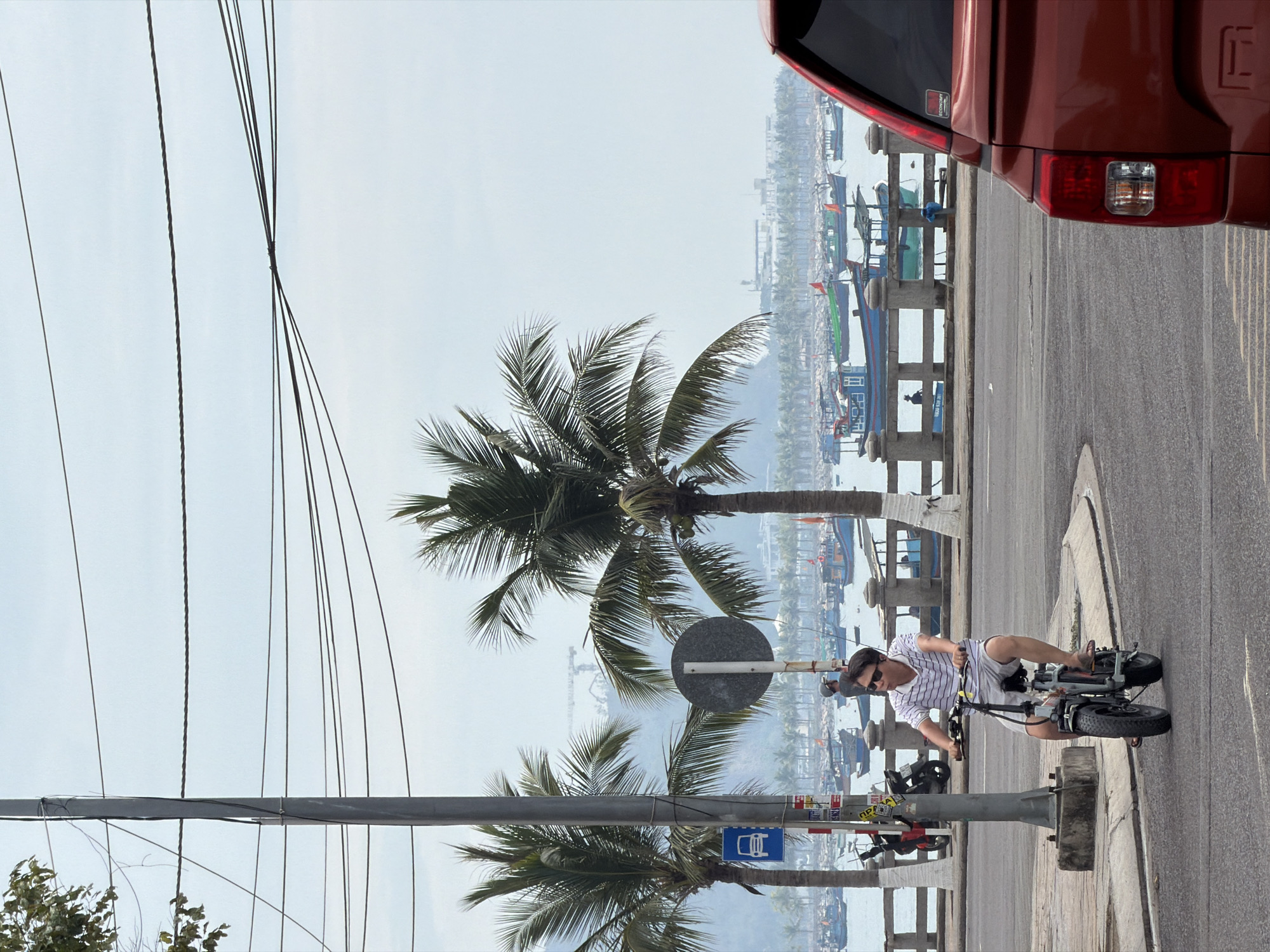 A man rides a scooter on a road lined with coconut palm trees and utility poles. In the background, a view of Bac Nha Trang Ward, Vietnam, shows numerous boats docked along a waterfront. Part of a red vehicle is visible in the upper right corner of the frame.