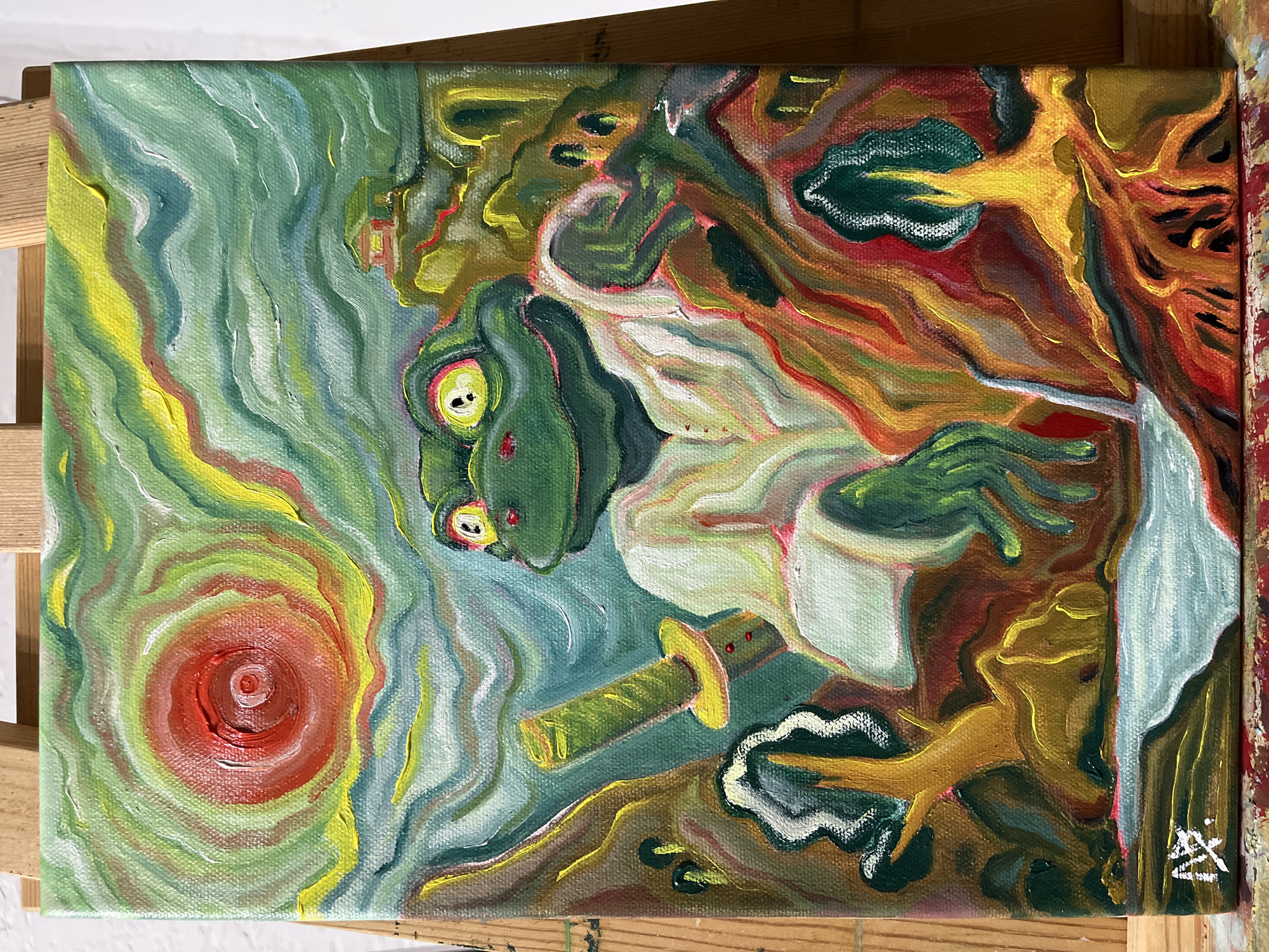 The image is a painting of a frog dressed in a white robe with a katana sword at its side. The background is a swirl of green, yellow, and red colors, with a red vortex in the lower left corner. The frog is green with large eyes, and its robe is white with hints of yellow and red. The sword is green and yellow, and the handle is decorated with red dots. The painting is on a wooden easel. The city of Unknown, Unknown is not specified in the image.