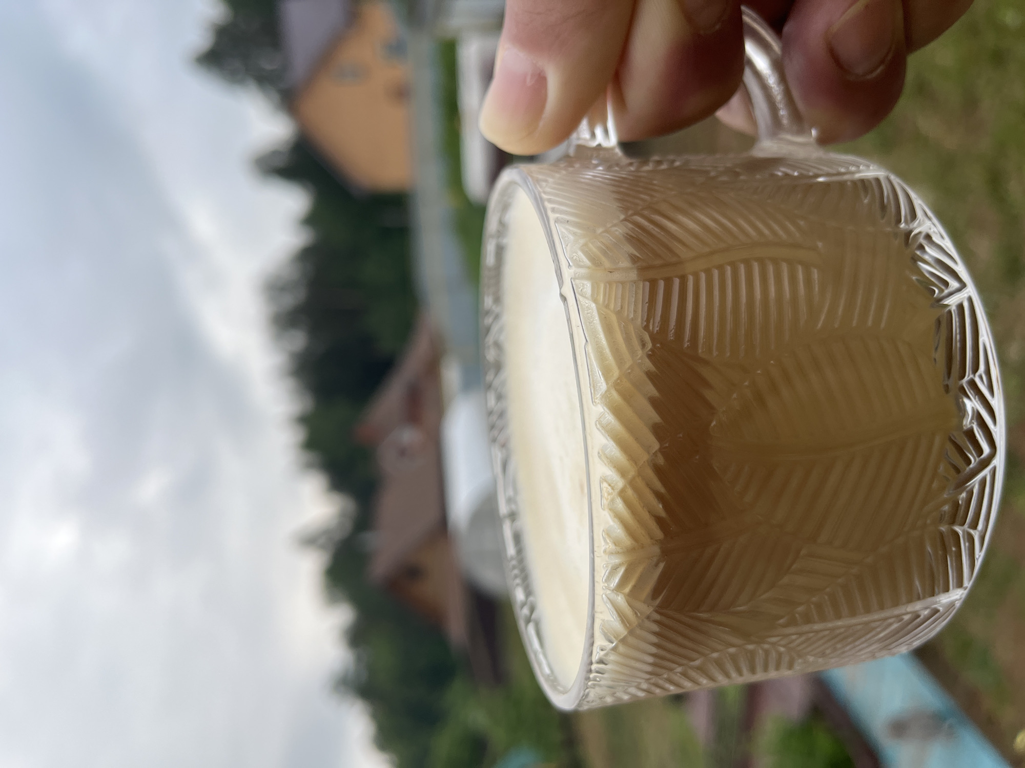 A close-up shot depicts a clear glass mug, approximately half-filled with a light-colored beverage, held by a human hand. The mug features a raised, textured pattern on its exterior. The background is blurred, suggesting a natural, outdoor environment with trees and a glimpse of buildings. Based on the background elements, the location is interpreted to be in Chaikovsky, Russia.