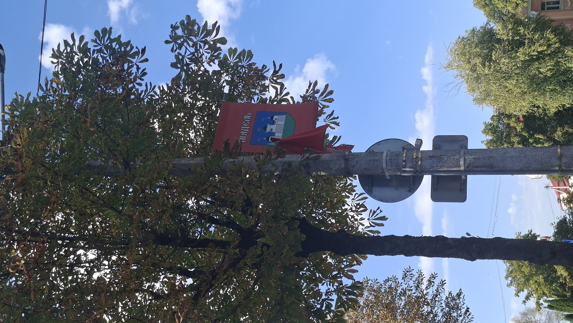 A vertical shot captures a streetlamp pole adorned with a red banner displaying the coat of arms of Myadzyel, Belarus. The banner features a white castle with blue roofs against a blue sky, with the town's name, "Мядзель", written in white Cyrillic letters above it. A red cloth hangs below the banner. The pole is also equipped with two circular and rectangular signs. To the left of the pole, a large tree with green and yellowing leaves partially obscures the sky. The background consists of a clear blue sky with scattered white clouds, and further to the right, more trees and a building are visible. The overall scene depicts a street in Myadzyel, likely during autumn.
