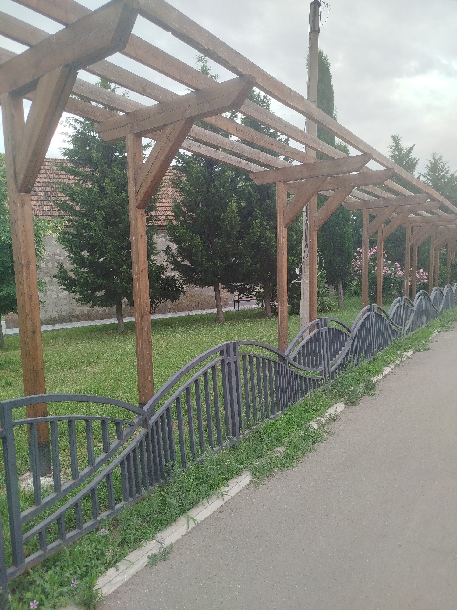A wooden pergola extends across the upper portion of the image, supported by vertical posts and diagonal beams. A dark gray metal fence with a wavy top rail runs parallel to the pergola, separating a grassy area from an asphalt walkway. The grassy area contains several mature cypress trees and a building with a tiled roof in the background. A utility pole with visible wires is also present. The sky is overcast. The location is Rustavi, Georgia.