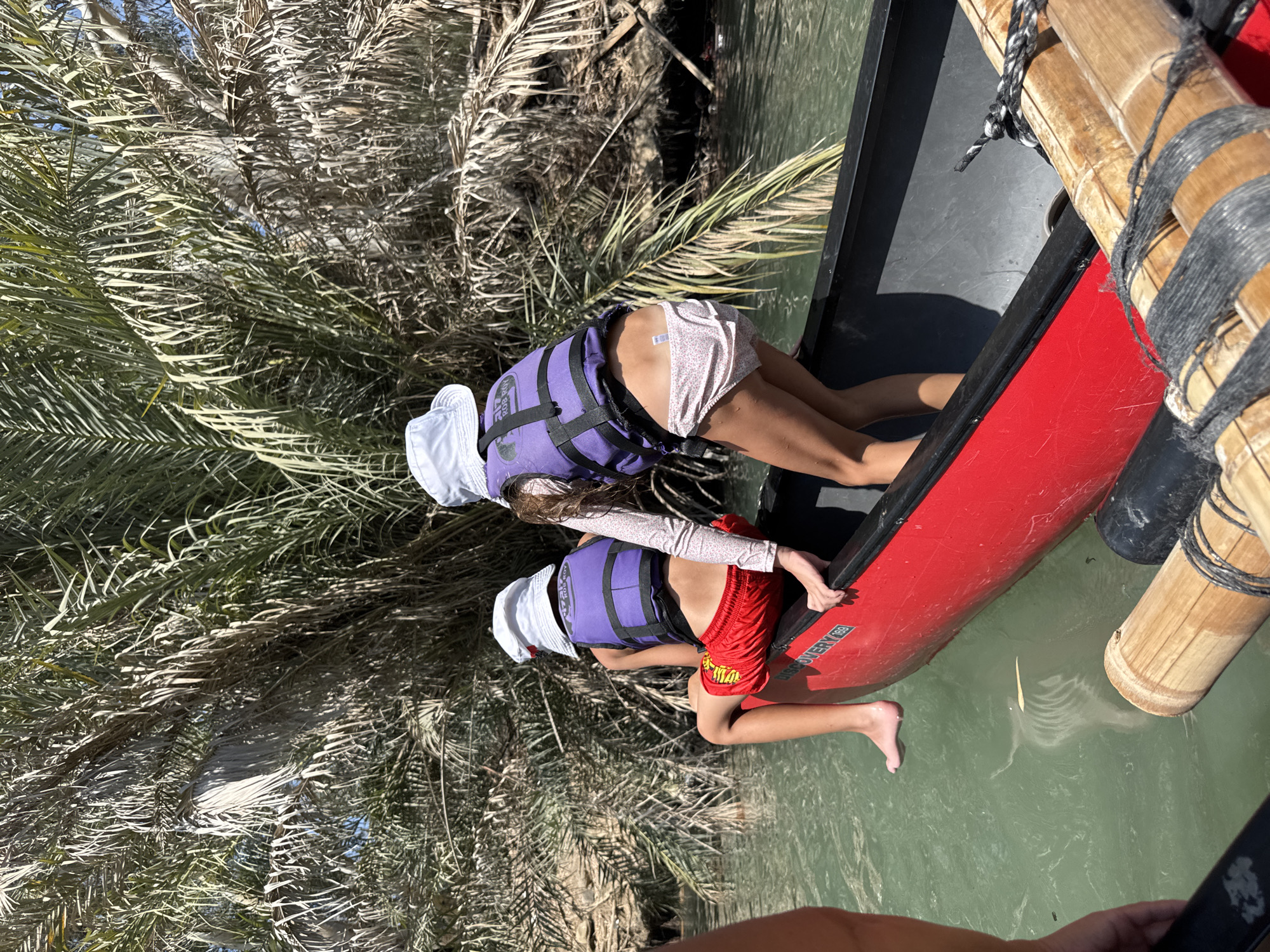 In the Emek HaYarden Regional Council, Israel, two children, wearing life vests and hats, are positioned in a red canoe. The child in front is wearing red shorts and a long-sleeved rash guard, while the child behind is wearing floral-patterned shorts. They appear to be in shallow, greenish water, possibly a river or a lake, with lush palm trees lining the background, suggesting a warm, sunny day. The canoe is partially obscured by bamboo poles secured with rope, indicating it might be tied to a dock or part of a larger structure. The overall scene suggests an outdoor recreational activity, possibly fishing or exploring, with a sense of calm and enjoyment. The visible text on the canoe reads "DISCOVERY 059".