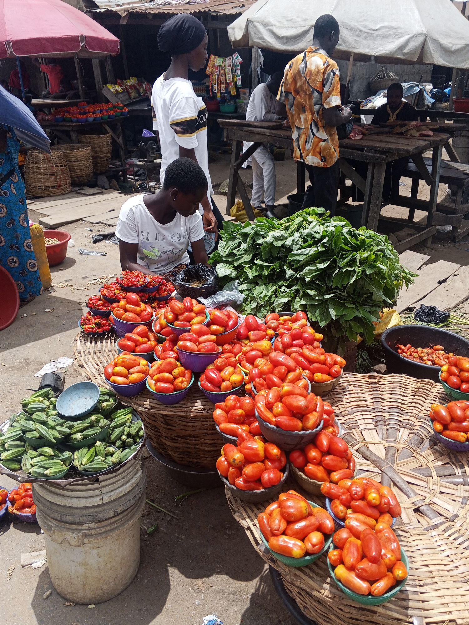 The image depicts a bustling outdoor market scene in Usunwe, Nigeria. A young woman wearing a white t-shirt with "BE UNIQUE" printed on it is seated behind a display of fresh produce. Surrounding her are numerous woven baskets filled with ripe red tomatoes, with some baskets containing smaller, rounder tomatoes and others containing elongated Roma-style tomatoes. To the left, a large cylindrical container holds a plentiful amount of green okra, also presented in bowls. In the background, another woman in a white t-shirt and black headscarf stands, and further behind, men are seen at a wooden stall with an orange patterned shirt, likely involved in selling or preparing goods. The market appears to be under makeshift awnings, with a general atmosphere of commerce and activity. The ground is unpaved and dusty.