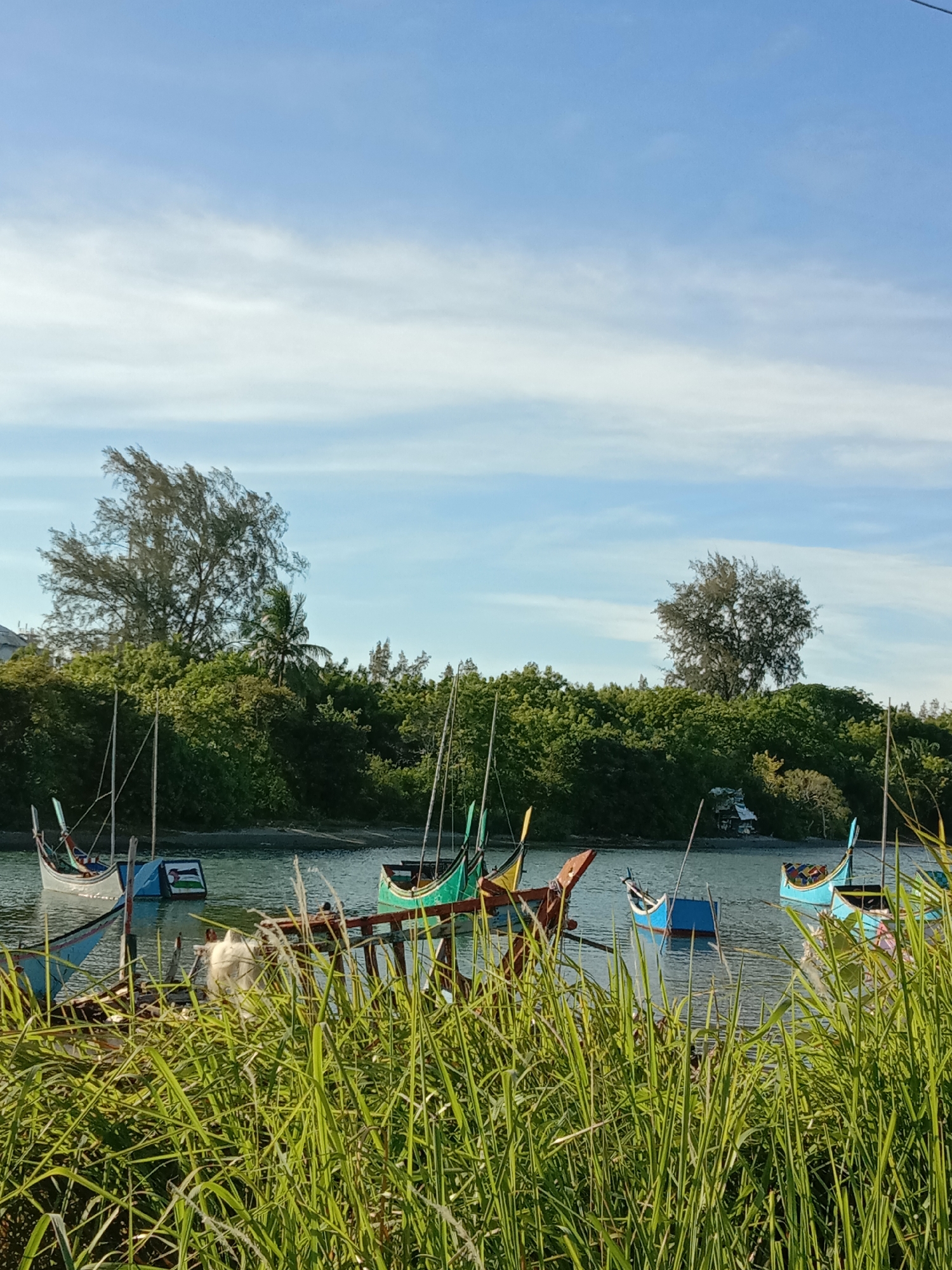 The image depicts a coastal scene in Lhokseumawe, Indonesia. In the foreground, tall green grass obscures part of the view. Behind the grass, several small, traditional fishing boats are docked in the water. The boats are painted in various colors. Beyond the boats is a dense line of green trees and vegetation. The sky is blue with scattered white clouds.
