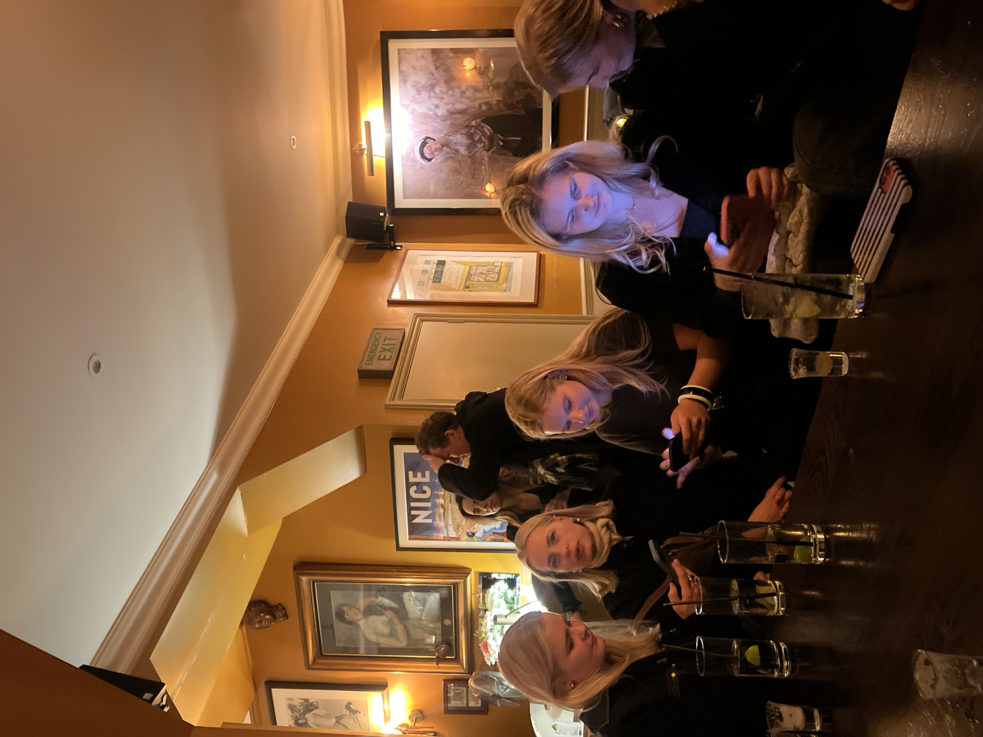 A group of six young adults are seated at a dark wooden bar in an indoor location. Five of the individuals appear to be young women with light blonde hair, and one appears to be a young man. Most of them are looking down at their mobile phones. Each person has a drink in front of them, consisting of a clear glass with a straw and what appears to be a lime wedge. The environment includes framed pictures on the wall behind them, including one labeled "NICE", an emergency exit sign, and light sconces. The location is consistent with a traditional pub setting, likely in London, United Kingdom, given the architectural features, interior decor, and the general atmosphere.
