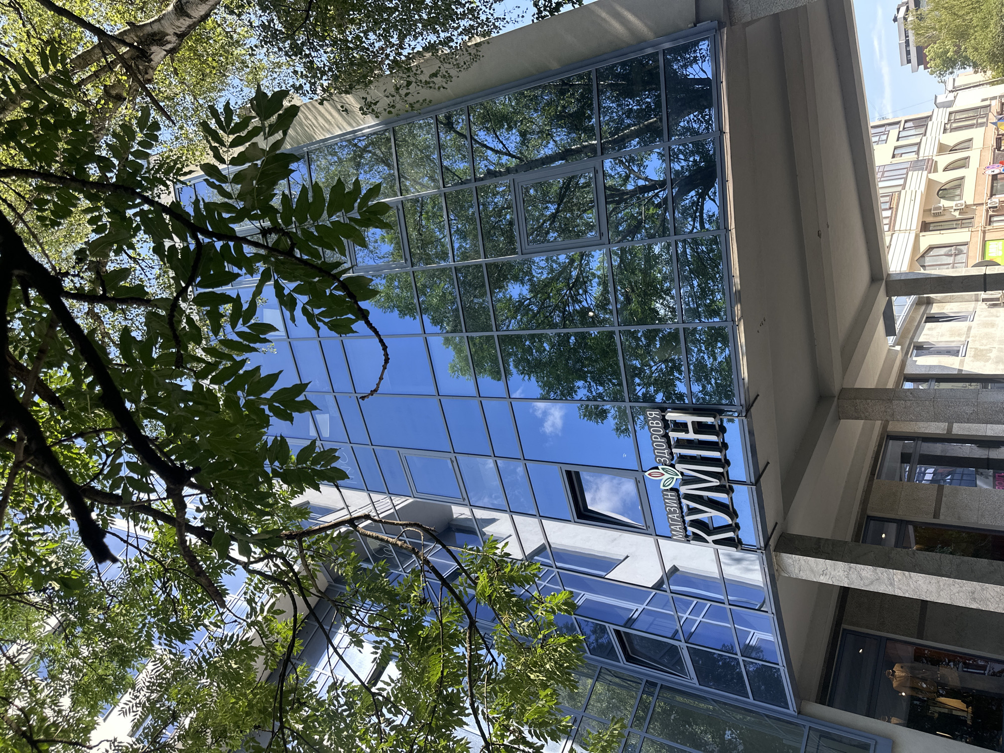 The image shows the exterior of a modern building with a glass facade, reflecting trees and a blue sky with clouds. The building appears to be a commercial establishment, possibly a shop, indicated by the visible text "МАГАЗИН ЗДОРОВ'Я" (Health Store) and "КУМИР" (Idol/Figure) on a sign mounted on the glass. This text suggests the location is in Ukraine, specifically Ternopil as per the location context.
The perspective is from below, looking upwards, with the branches of a leafy tree framing the scene on the left and top. The sunlight indicates it is daytime, likely a clear and pleasant day given the blue sky. The architectural style of the building, with its large glass panels and clean lines, suggests a contemporary design. Next to the glass-fronted building, other buildings are visible, also with windows and balconies, hinting at an urban environment.
The overall mood is serene and bright, with the natural elements of the trees and sky contrasting with the modern architecture. There are no people visible in the frame, and the focus is on the interplay between nature and urban construction. The reflections on the glass create a layered visual effect, adding depth to the image. The building's entrance or storefront is partially visible, showing darkened interiors or windows of adjacent shops, one of which seems to display mannequins.