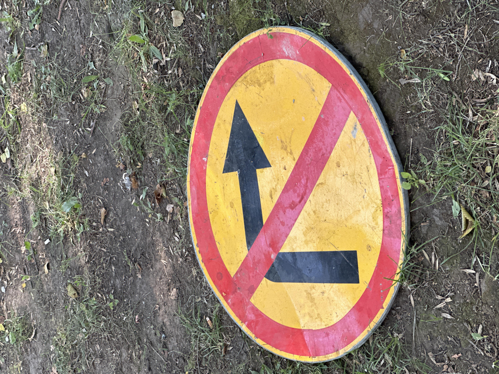A circular traffic sign lies on the ground, angled to the right. The sign has a yellow background, a red border, and a red diagonal slash from the upper left to the lower right. A black arrow points right, and a black vertical bar is positioned to the left of the arrow, also crossed by the red slash. The sign is surrounded by dirt, grass, and fallen leaves. The scene appears to be outdoors in a park-like area within the city of Biysk, Russia, based on the context provided.