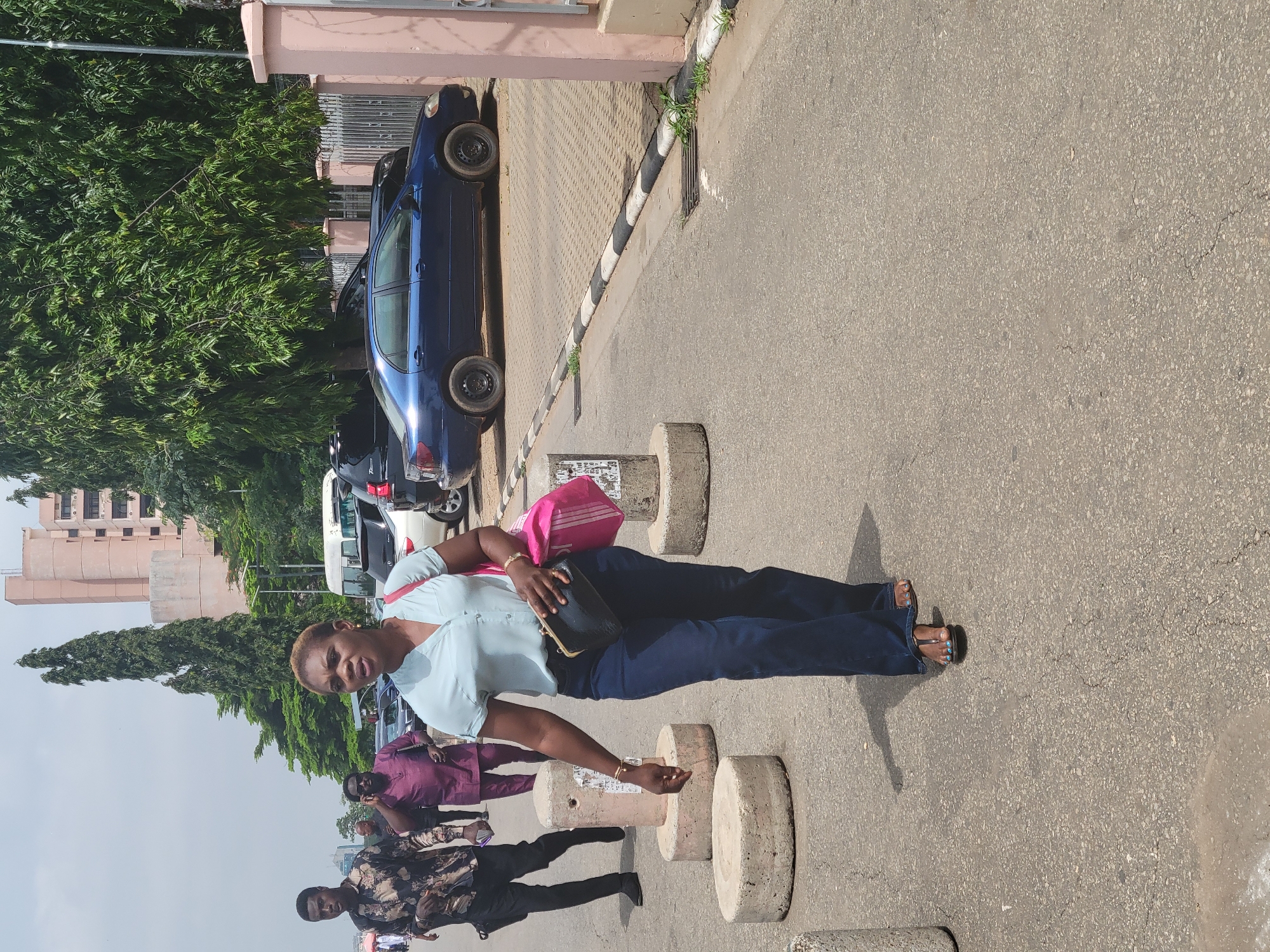 The image displays an outdoor urban street scene in what appears to be Abuja, Nigeria, under bright daylight and clear skies. A woman is the central subject, standing on a paved area or sidewalk, looking directly at the camera with a slight smile. She is wearing a light blue short-sleeved top, dark blue trousers, and dark sandals with light blue toenail polish. She carries a small black clutch bag and a bright pink shoulder bag. Her hair is short and light-colored.
Several other people are visible in the background. To the main woman's left, a man in a maroon shirt and dark trousers stands. Further back, another man is seen in a patterned long-sleeved shirt and dark pants.
The setting includes an asphalt road and a paved sidewalk. A curb with distinct black and white stripes separates the road from the sidewalk, with small patches of grass growing along its edge. Several cylindrical concrete bollards are placed along the paved area, one of which has remnants of faded posters or text, though illegible.
A dark blue sedan is parked parallel to the curb, and other vehicles are partially visible further down the street. In the background, lush green trees and hedges line the street, with multi-story, light-colored buildings rising above them. The bright sunlight casts clear shadows, indicating midday to early afternoon. The overall scene depicts a typical busy street environment with both pedestrians and vehicles.