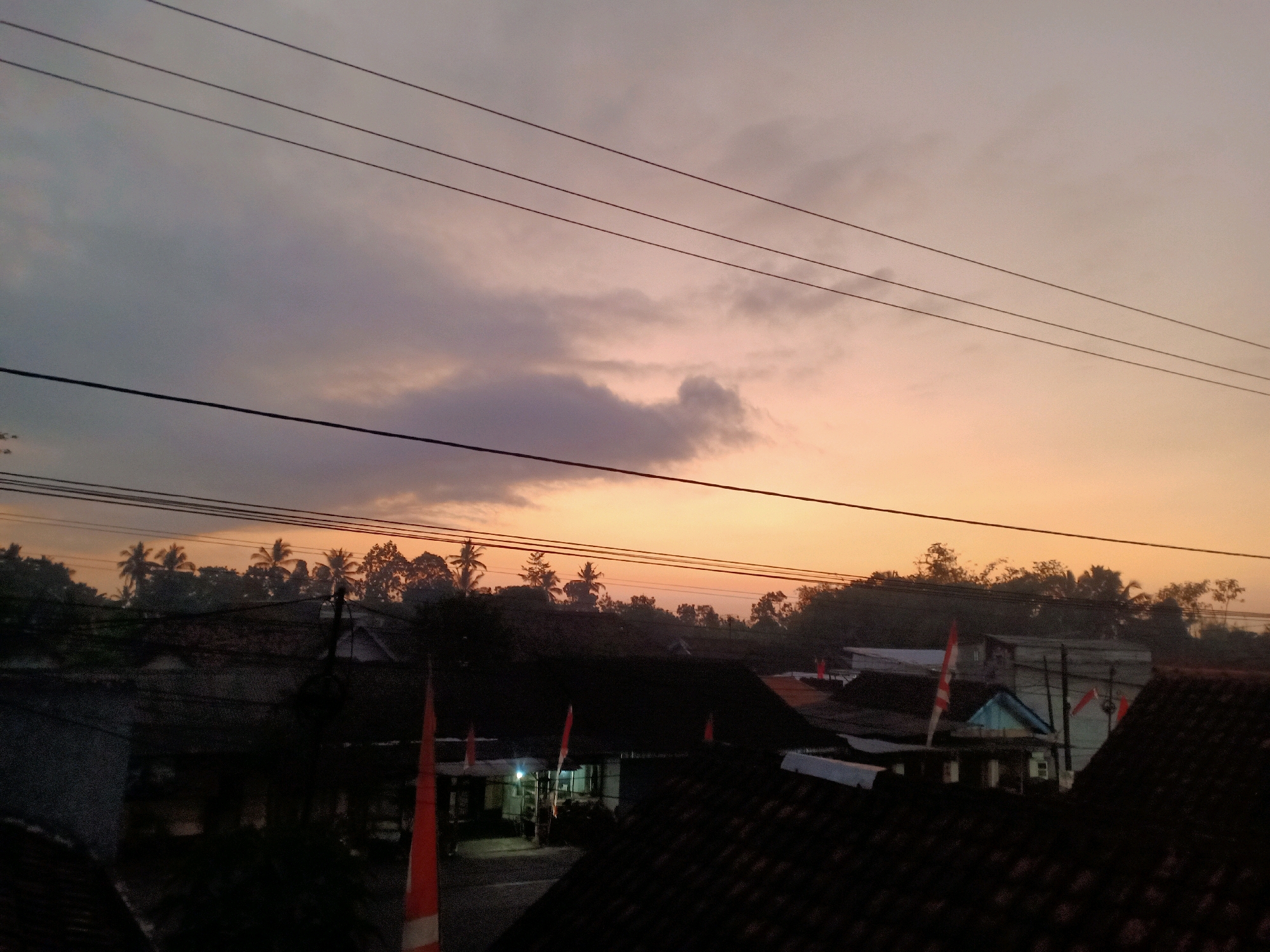 This image captures a panoramic view of the town of Jarit, Indonesia, during dusk. The sky is filled with hues of orange and purple as the sun sets, casting a warm glow over the landscape. Several power lines crisscross the frame, adding a contemporary element to the scene.
In the foreground, the tiled roofs of houses dominate the lower portion of the image. Some of these roofs appear dark and aged, while others are lighter, suggesting varied construction materials and ages. Red and white flags, likely Indonesian flags, are prominently displayed on several houses, some standing tall and slender, others appearing slightly worn. The flags suggest a sense of national pride or a festive occasion.
Beyond the rooftops, a line of silhouetted trees, including palm trees, marks the horizon. The dense foliage creates a natural barrier, separating the urban environment from the sky. The lighting indicates that it is either early morning or late evening, with the sun either rising or setting, creating long shadows and a soft, diffused light. The overall atmosphere is one of tranquility and domestic life in a rural Indonesian setting.