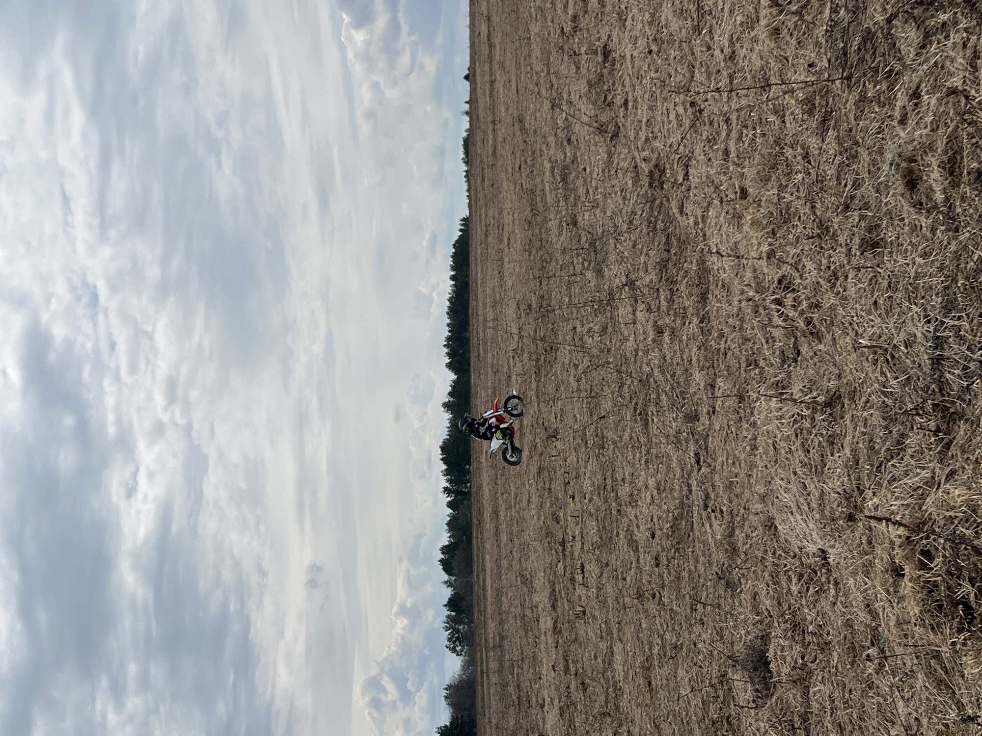 The image depicts a dirt bike rider in a field, likely in Kamskoe, Russia, given the prompt's request. The rider, wearing protective gear, is positioned on a red and white dirt bike in the center of the frame. The field appears dry and overgrown with sparse vegetation. The horizon includes a line of trees separating the field from the sky. The sky is cloudy with varying shades of gray and white. The image is oriented vertically.