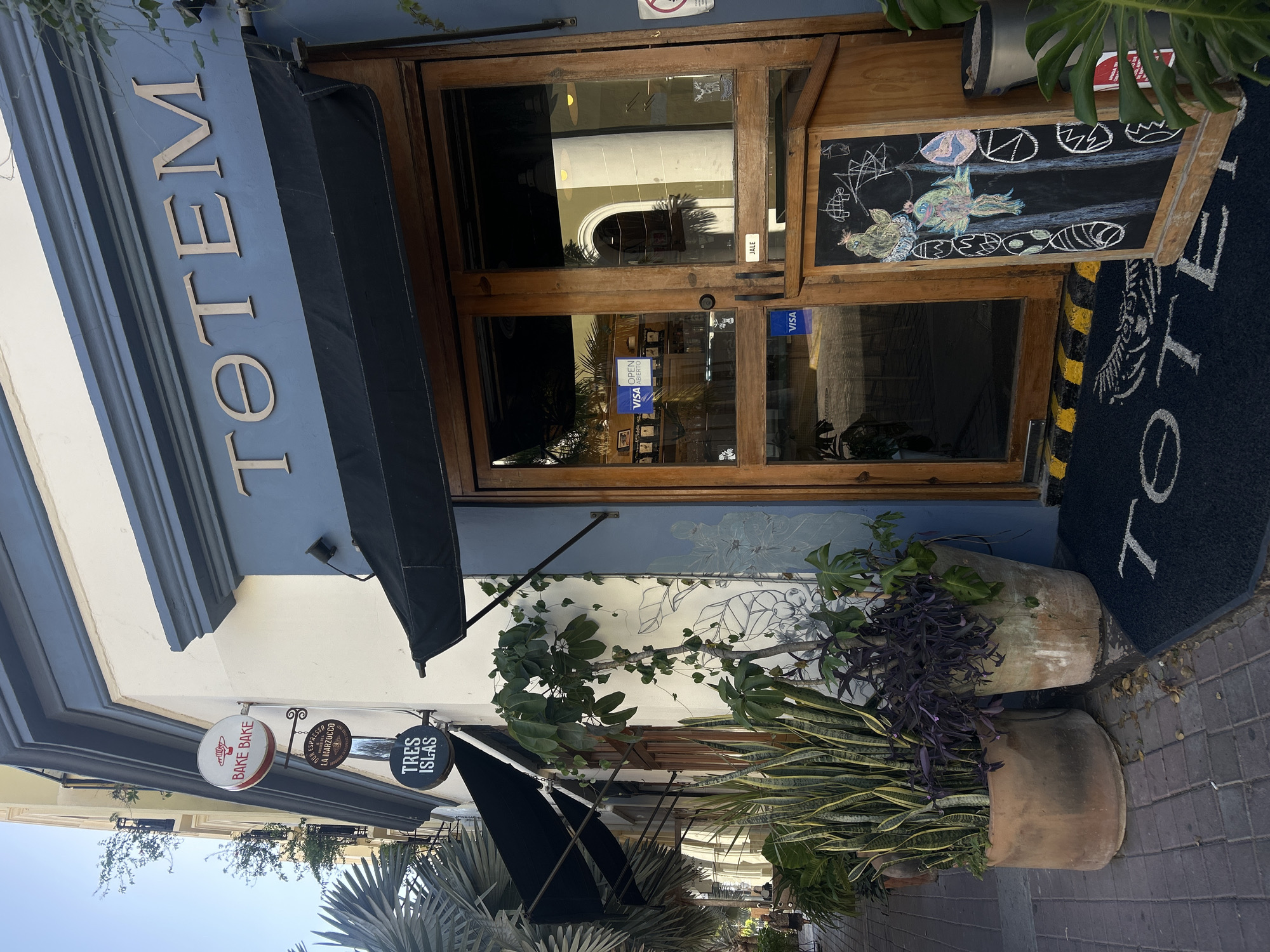The image captures the vibrant entrance of a storefront named "TOTEM" on a paved sidewalk, likely in Mazatlán, Mexico. The building features a dark blue upper facade with large, golden, serif letters spelling "TOTEM." Below this, a black retractable awning extends over rustic wooden double doors with glass panels. Reflections in the glass show parts of an arched doorway and other structures.
On the glass doors, multiple "VISA" logos are visible, along with an "OPEN ABIERTO" sign, indicating the business is operational. A small "JALE" sticker (Spanish for "pull") is also present on the door. To the right of the entrance, a small, dark chalkboard easel displays colorful chalk drawings of stylized fish and abstract designs. A dark doormat with "TOTEM" in white text lies directly in front of the doors.
Flanking the entrance are two large, weathered terracotta pots. One holds tall, variegated snake plants, while the other contains plants with dark purple foliage. Green vines and other plants are also visible around the facade.
Further down the street to the left, three circular business signs hang from an overhang. The first is a red sign with white text and a bread icon, reading "BAKE BAKE." Adjacent to it is a dark brown sign with "ESPRESSO" and possibly "LA MARZOCCO." The third sign is black with white text, stating "TRES ISLAS."
The scene is bathed in bright, clear daylight, suggesting a sunny day. The overall atmosphere is that of a welcoming commercial establishment on a lively street.